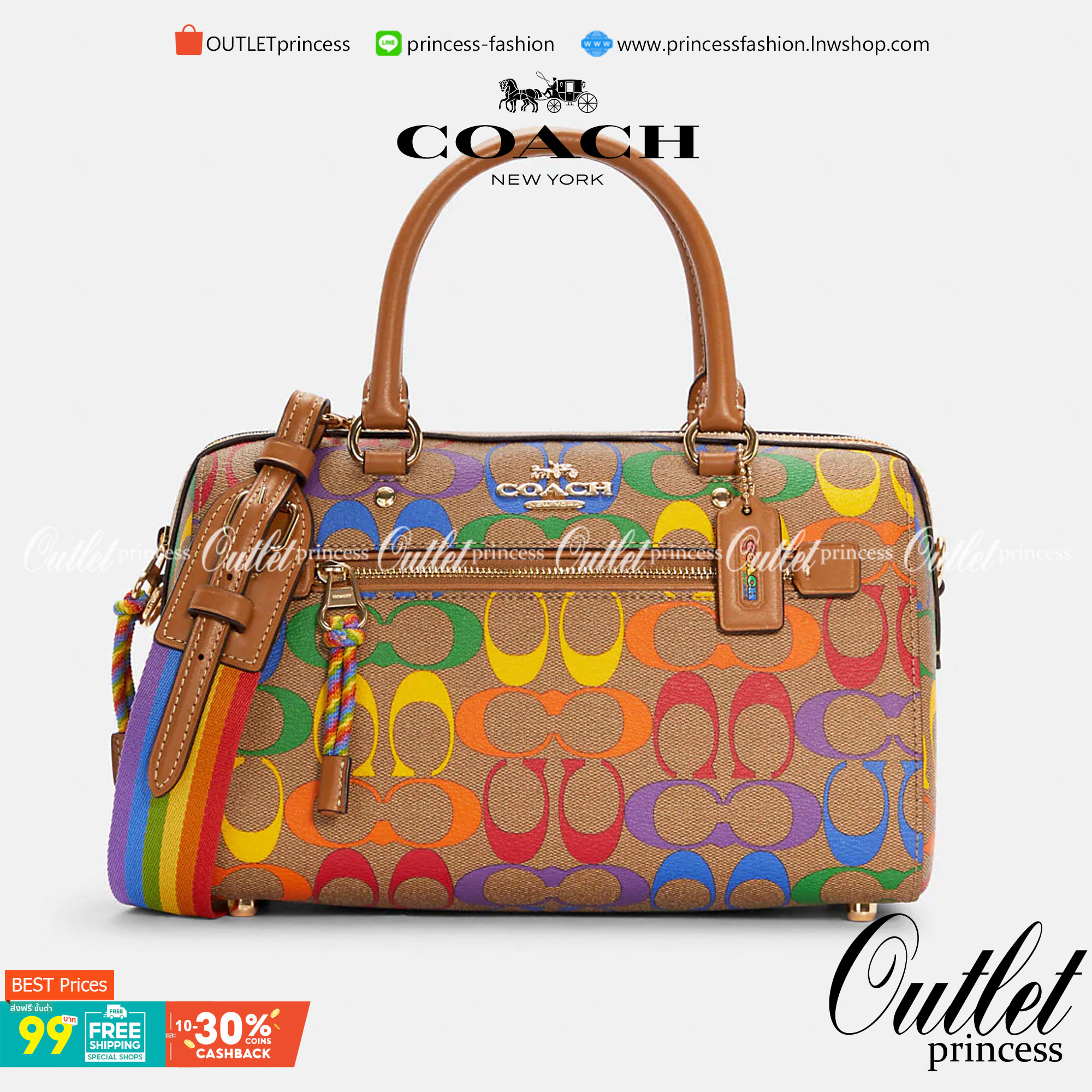 COACH C4396 ROWAN SATCHEL IN RAINBOW SIGNATURE CANVAS กระเป๋าทรงหมอนยอดฮิต คอลเลคชั่นที่สวยโดดเด่น ด้วยดีไซน์เรนโบว์ สดใส!! รูปทรงสวยงาม คลาสสิค และใช้งานได้อย่างกระฉับกระเฉง วัสดุหนังแคนวาสเคลือบลาย ทนทาน ภายในโล่งกว้าง มีช่องซิปและแบ่งสัดส่วนได้ลงตัว บอ