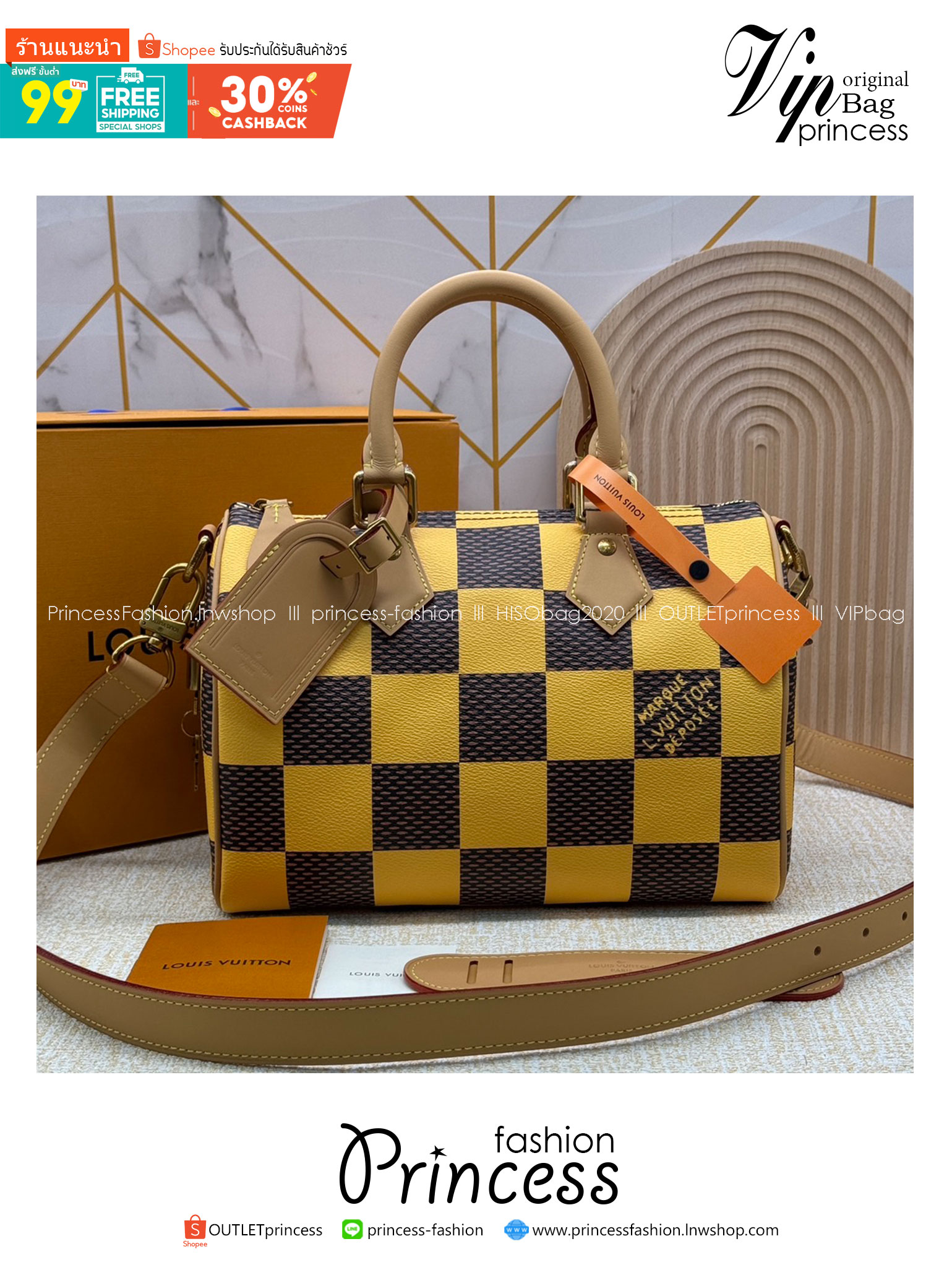 TOP ORI สลับแท้ 1:1 ผ่านทุก ตม LV Speedy 25 Bandoulière Damier Pop กระเป๋าสะพายสปีดี้สีใหม่ Jaune Mat ราพุ่งไปแล้ว หลังจากตะลิชถือ