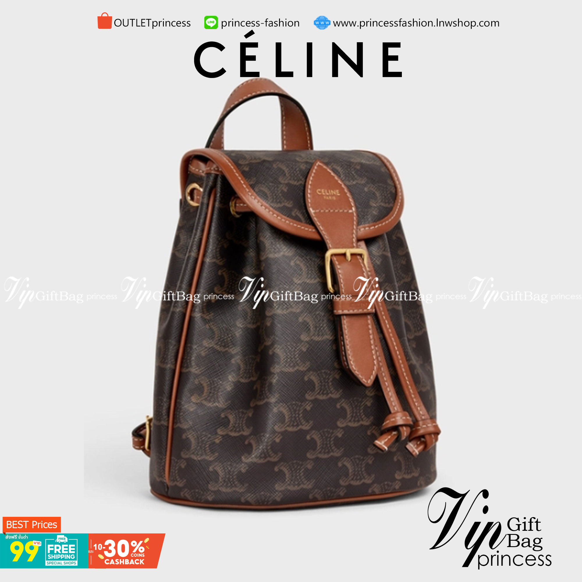 VIP 】CELINE MINI RUCKSACK VIP GIFT WITH PURCHASE (GWP) พรีเมี่ยมกิ๊ฟ Limited Edition จาก CELINE HAUTE PARFUME DUTYFREE COUNTER วัสดุ COATED CANVAS หนังสวยหรูอยู่ทรงกันน้ำเปิดปิดด้วยฝาปิด Belt มีโลโก้แบรนด์และสายรัด Drawstring ภายในโล่งสามารถใส่กระเป๋าสตาง