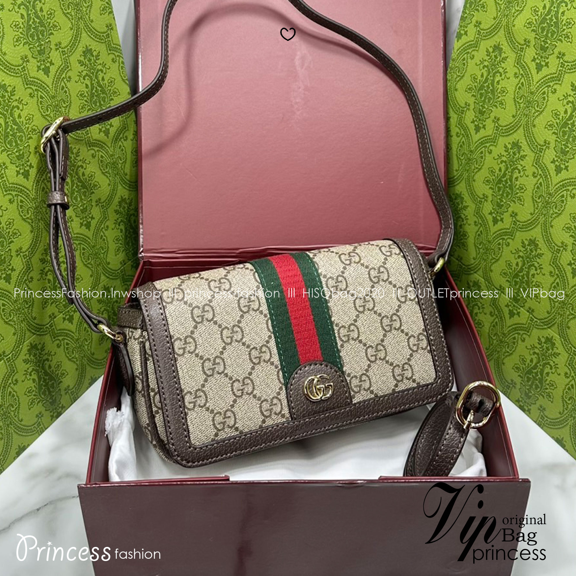 ORI หนังแท้ | Gucci Ophidia mini shoulder bag Monogram Double G / Gucci Crossbody Bag กระเป๋าสะพาย คอลเล็กชั่น Ophidia มอบชีวิตชีวาให้กับมรดกของแบรนด์ด้วยแถบ Web