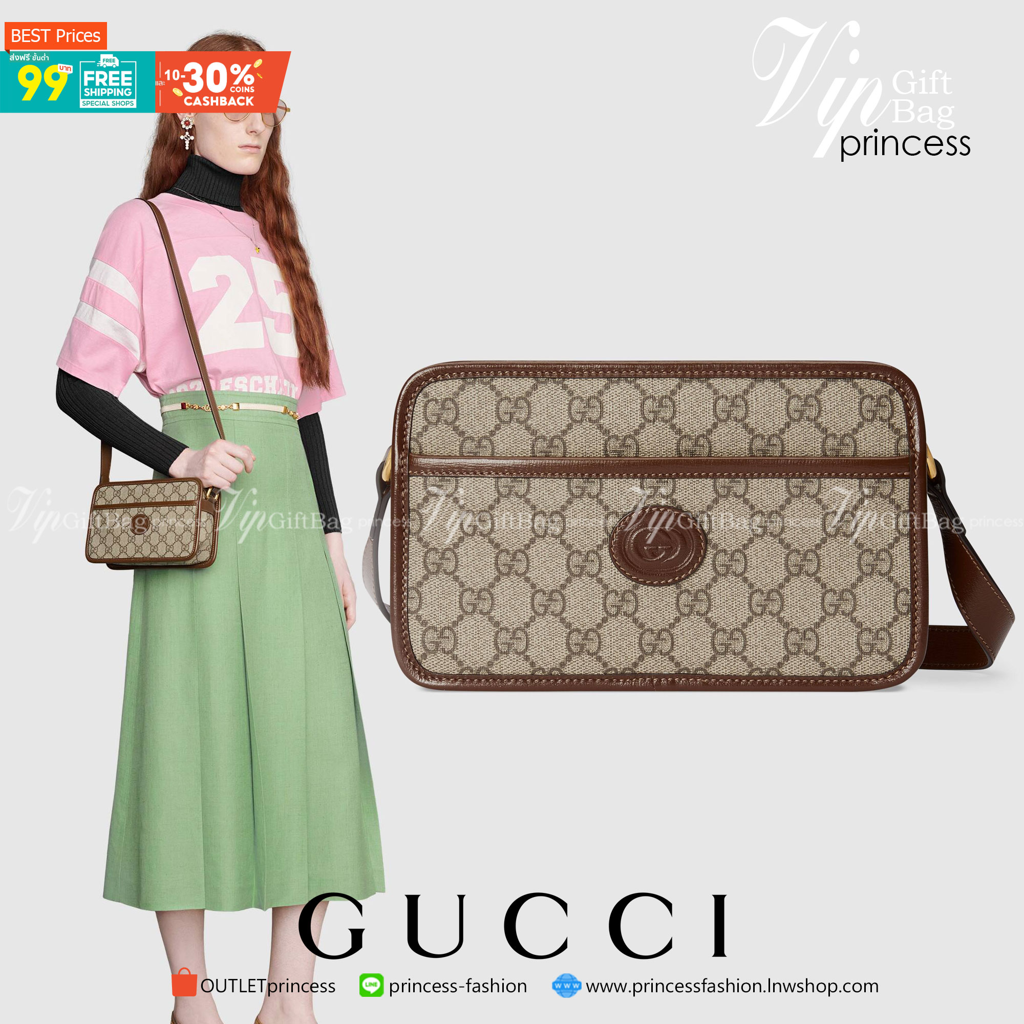 VIP 】หนังแท้ GUCCI Mini Bag With Interlocking G In GG Supreme And Brown Leather พร้อมส่งที่ไทย กระเป๋าสะพายดีไซน์สวย ใช้ได้ทั้งชายหญิง คลาสสิคและน่ารักในตัว ใช้งานง่าย ใช้ได้หลายโอกาส งานหนังแท้ สวยมากค่ะ