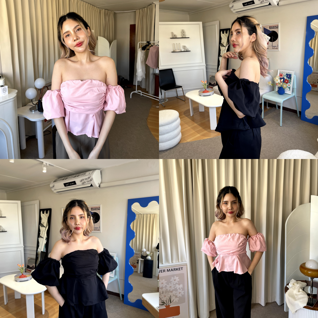 พร้อมส่ง 4 สี 🍞🥚 Whip cream blouse เสื้อปาดไหล่เข้ารูปผ้าคอตตอน (37989)