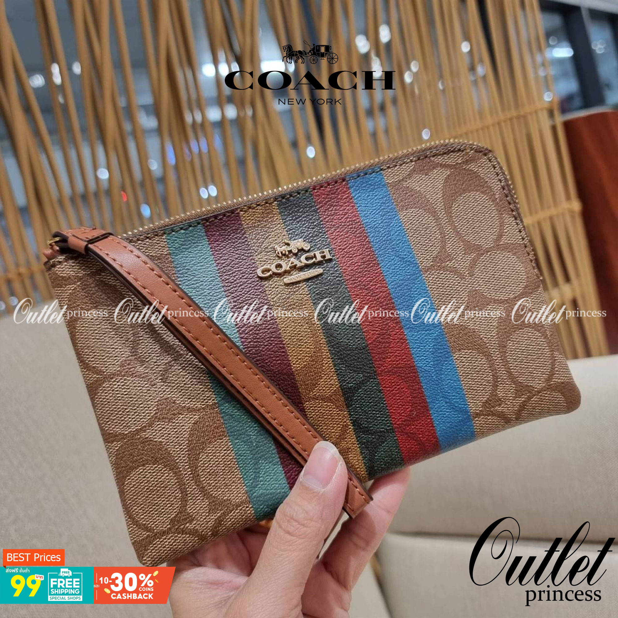 COACH C5624 LARGE CORNER ZIP WRISTLET IN SIGNATURE CANVAS WITH STRIPE สีใหม่กับคอลเลคชั่นที่ปังข้ามปี ฮิตไม่เลิก!! กระเป๋าคล้องมือ ดีไซน์ลายแถบสี สดใสน่าใช้มาก!! ขนาดเหมาะพกพา วัสดุหนังแคนวาส ภายในใส่ธนบัตร หรือใส่บัตร ใส่เหรียญ ได้หมด!! iphone13 pro ใส่ไ