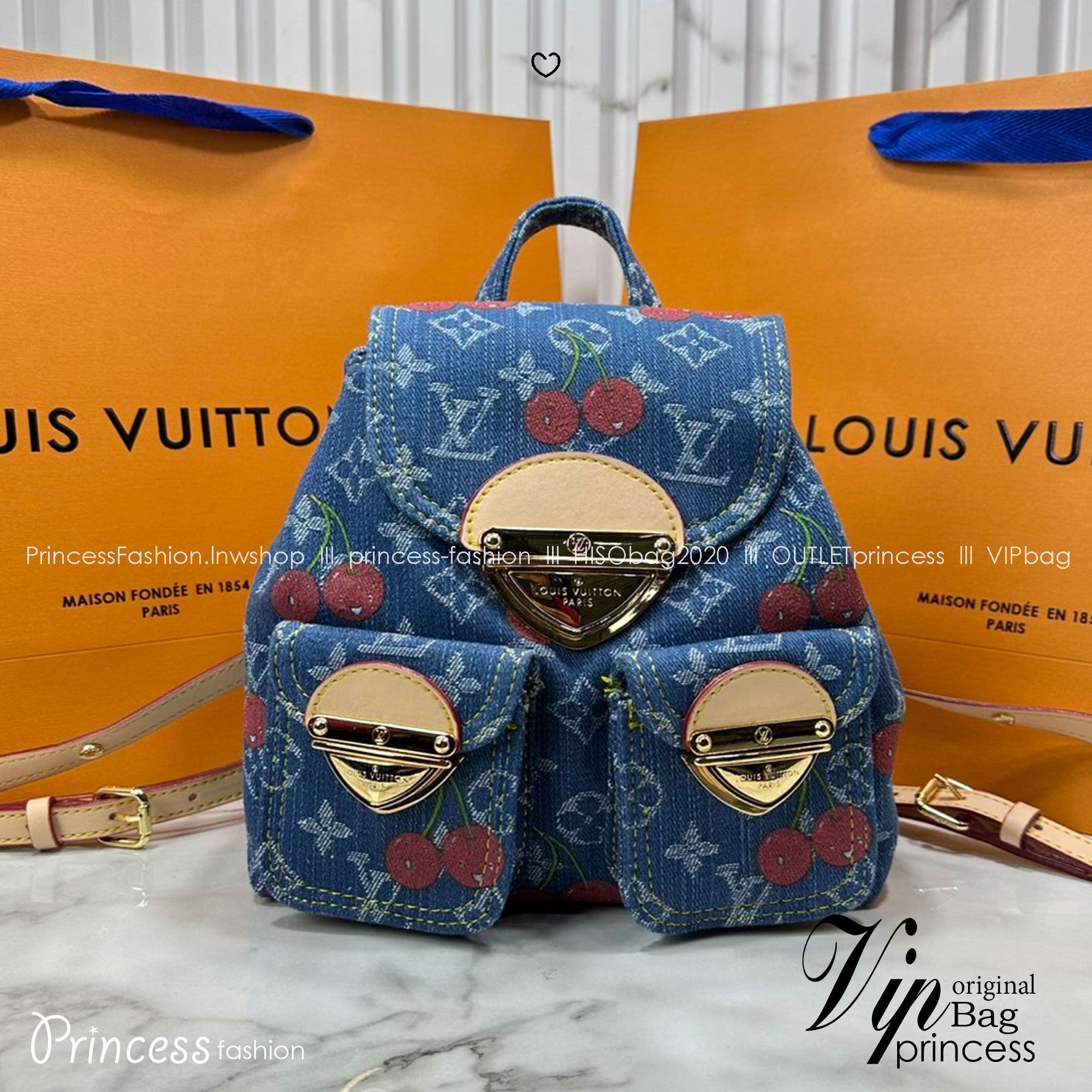 ORI หนังแท้ | LV x TM - Venice NM bag Monogram cherry denim กระเป๋าเป้สะพายหลังรุ่น Venice ดีไซน์ใหม่มีชีวิตชีวา แสนสดใสด้วย Monogram เดนิมแต่งดีเทลปักลายเชอร์รี่โดดเด่นสะท้อนความงามเปี่ยมสีสันอันเป็นเอกลักษณ์