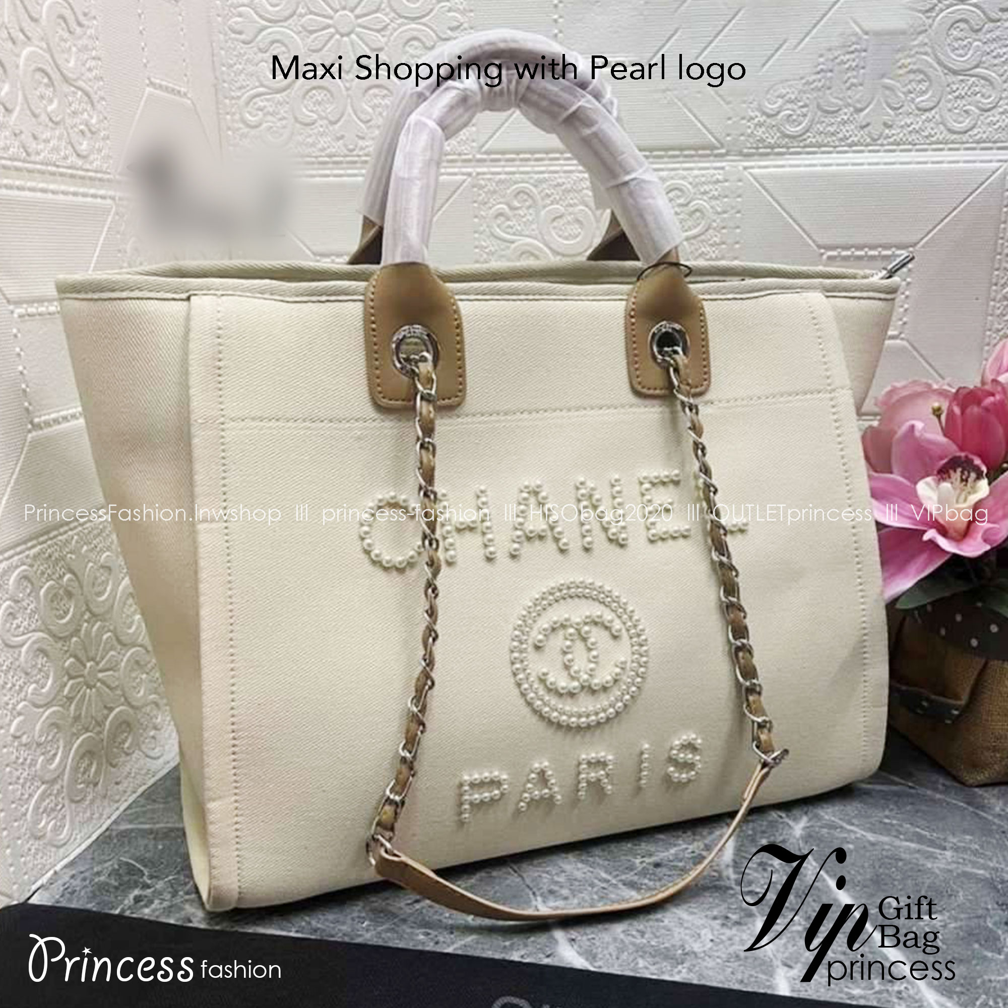 CHANEL Maxi Shopping with Pearl logo / CHANEL DEAUVILLE TOTE / Chanel tote bag หน้าโลโก้ติดหมุดแน่นๆ กระเป๋าทรงโท้ทใบใหญ่ผ้าแคนวาส งานปักหมุดสวยหรูใบใหญ่สไตล์เซเลปค่ะ
