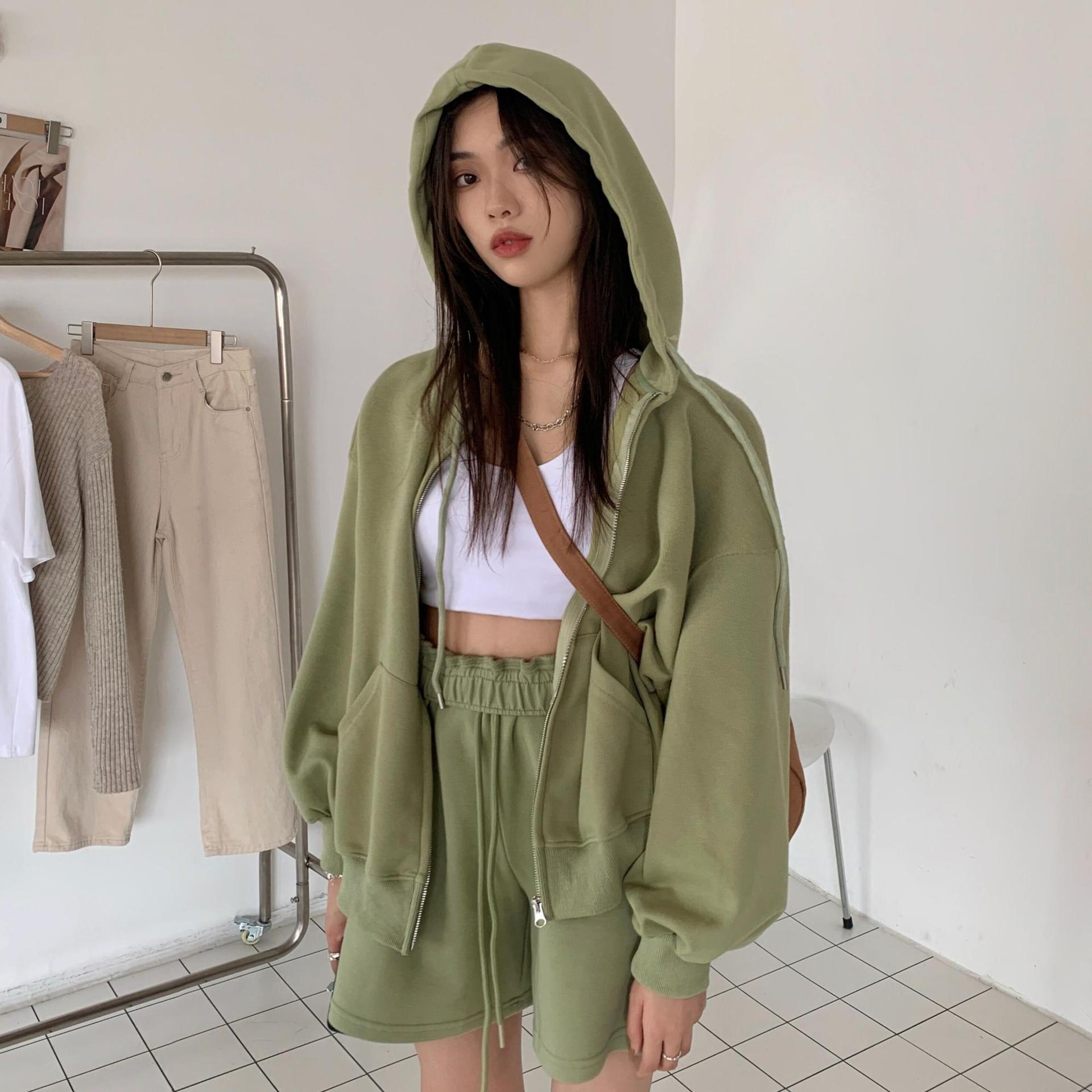พร้อมส่ง 🌸 Macha set เสื้อฮู้ดแขนยาว กางเกงขาสั้นน่ารัก (IN36106)