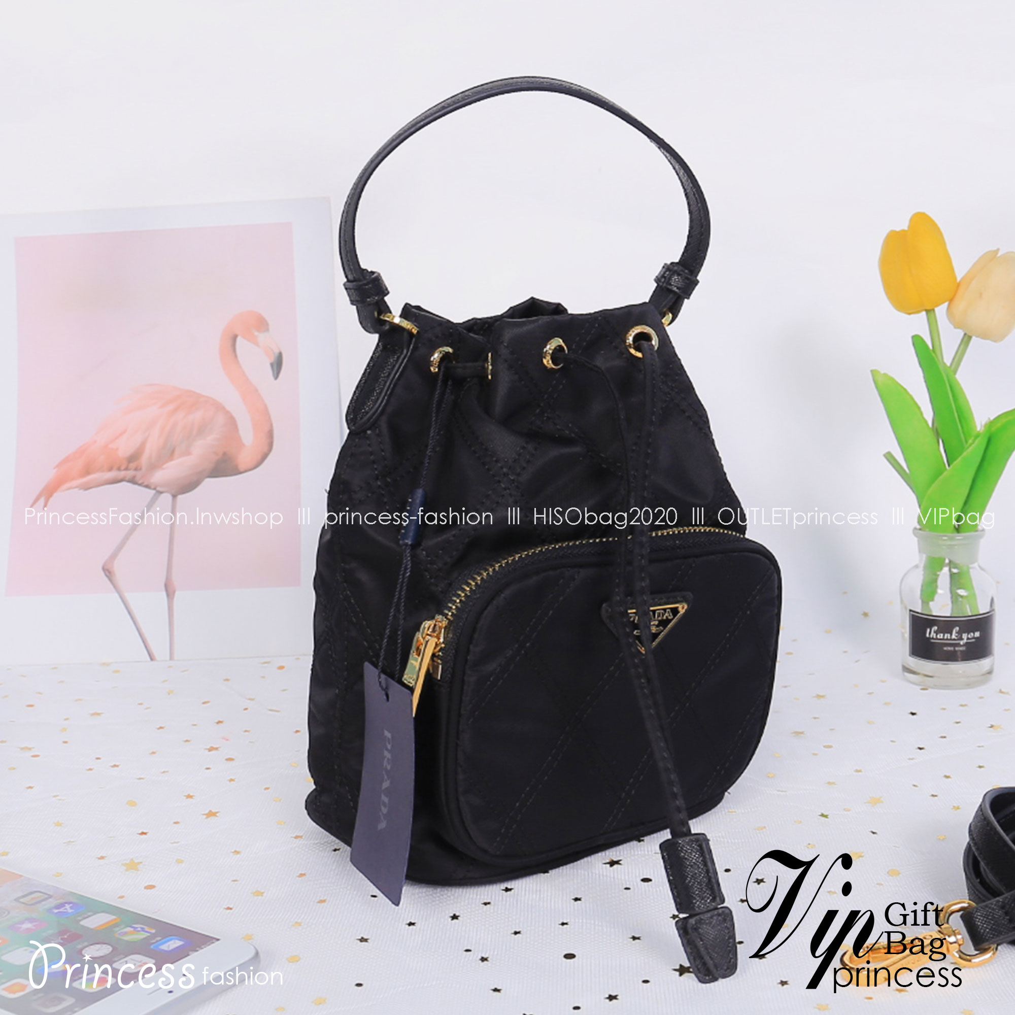 PRADA DRAWSTRING BAG WITH STRAP / PRADA BUCKET BAG / Prada Nylon Handbag and Crossbody bag กระเป๋าสะพายทรงจีบ วัสดุ Nylon ลายตาราง คุณภาพดี ขนาดกำลังดี