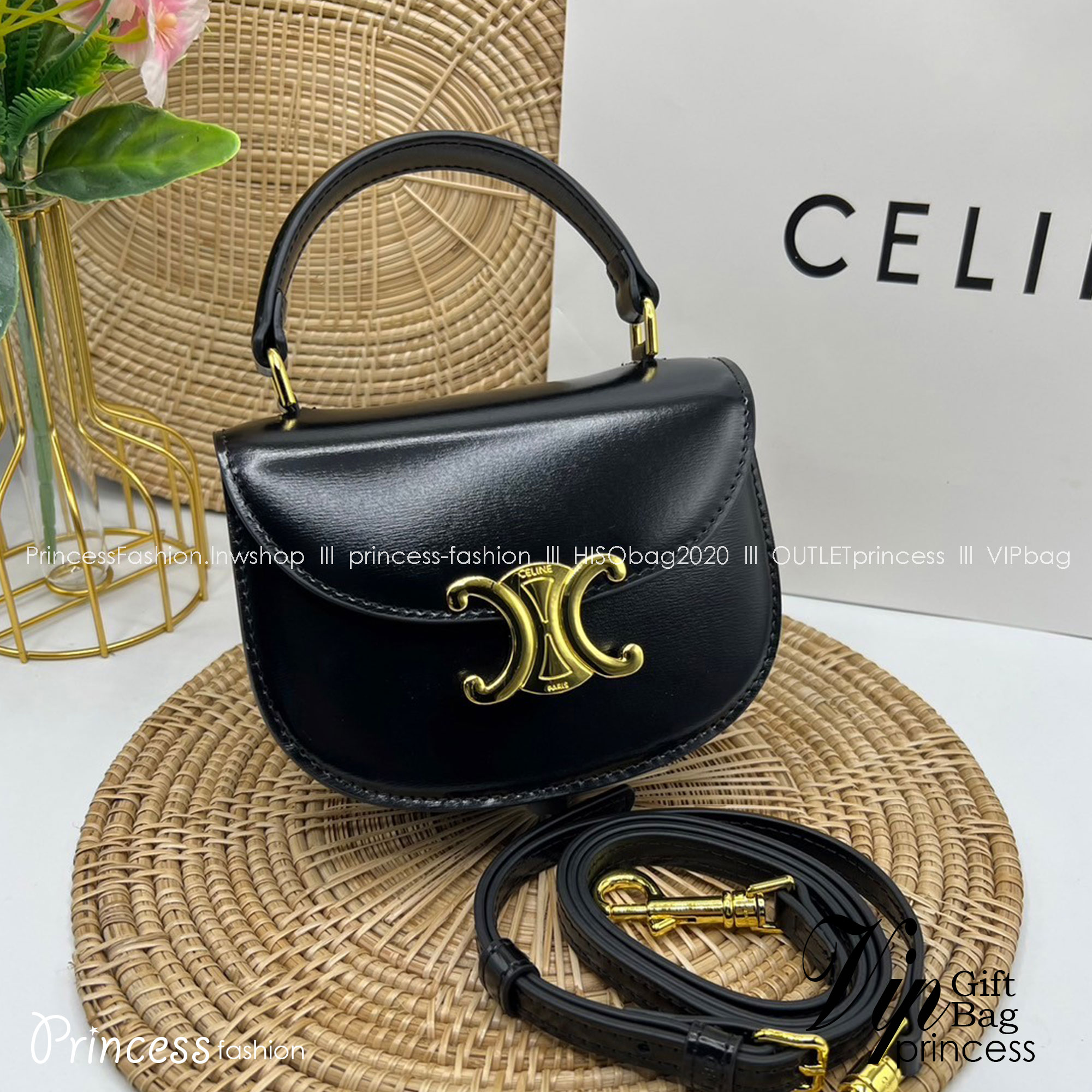 CELINE Mini besace triomphe in shiny top handle กระเป๋าสะพายคาดลำตัวพร้อมหูจับถนัดมือ น่ารักมาก รุ่นใหม่ล่าสุด