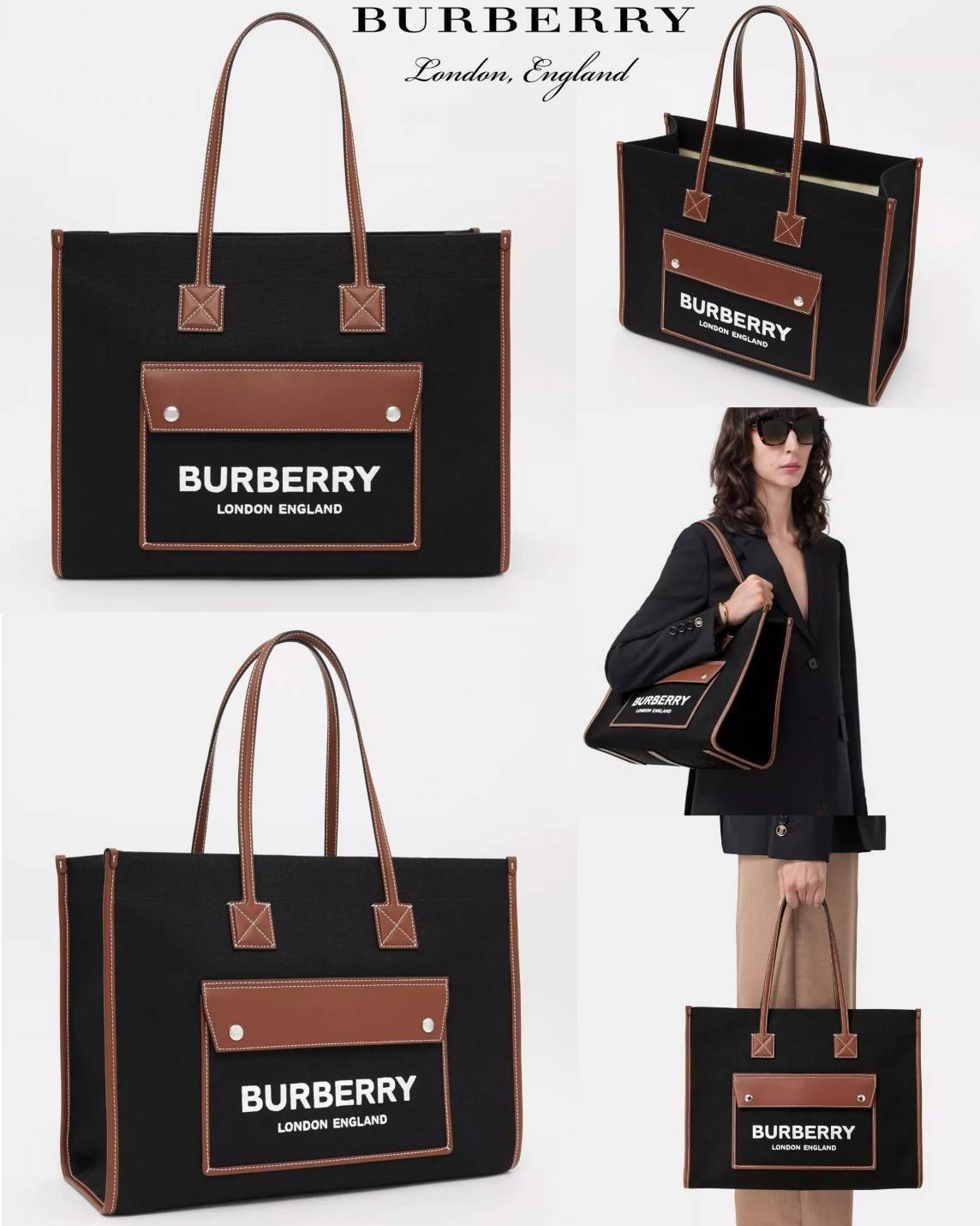 BURBERRY FRAGRANCES LARGE TOTE BAG วัสดุ Canvas & Leather ทรงเหลี่ยมมาในสี TwoTone ดีไซน์สวยอยู่ทรงสไตล์ Casual ด้านหน้ามีช่องใส่ของ ภายในโล่งกว้างและจุสุดๆสามารถใส่เอกสารA4 หนังสือ ของใช้ได้เยอะ น้ำหนักเบา อะไหล่แบรนด์สีทองหรู หูหิ้วหนังสะพายไหล่ได้ พร้อ