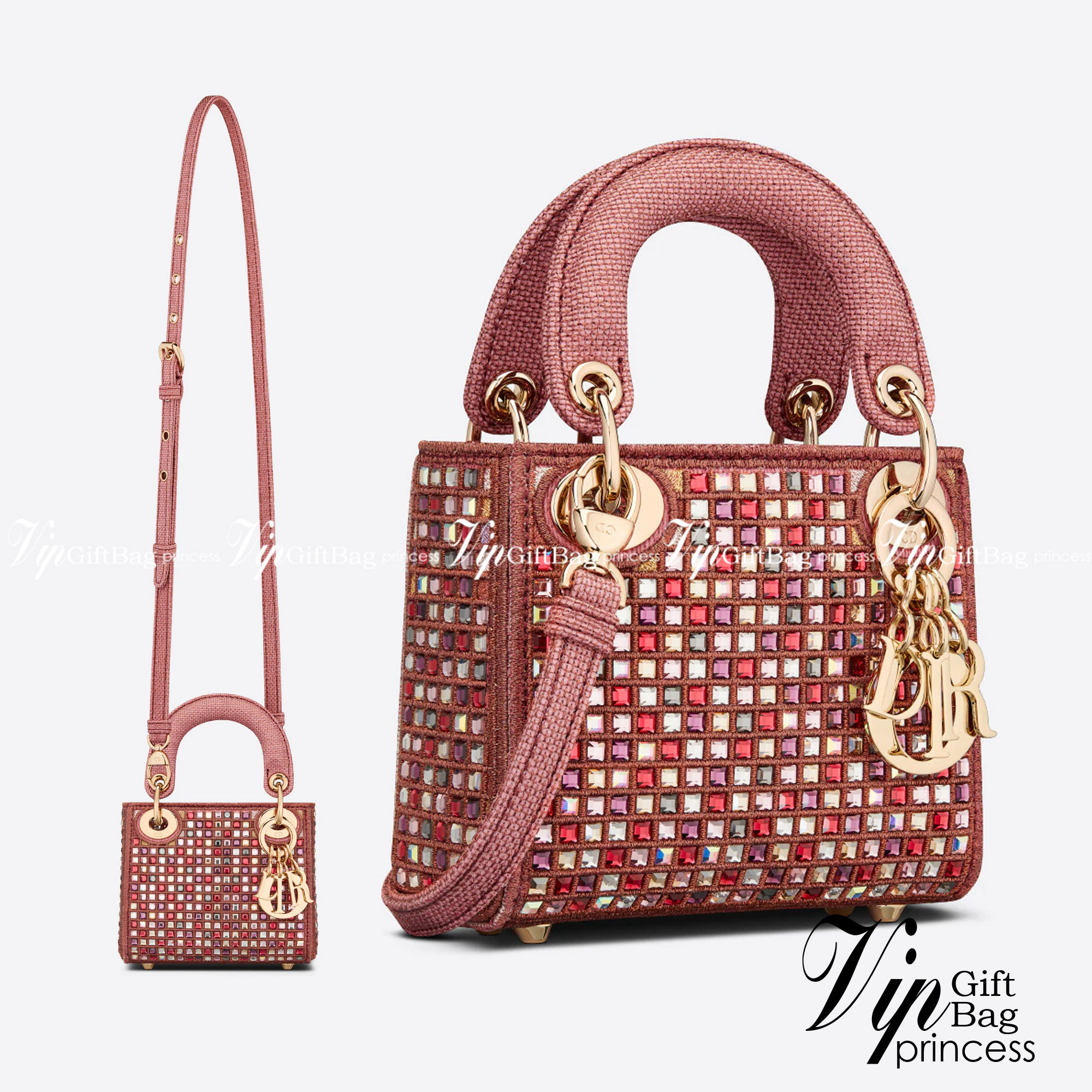 Micro Lady Dior Bag Dark Pink Metallic Canvas Embroidered with Multicolor Crystals เกรดใช้งานสลับใบจริงได้ เทพออริจินอล เป็นรุ่นสั่งทำพิเศษ ภาพสินค้าถ่ายจากงานขายจริงใช้งานต่างประเทศได้