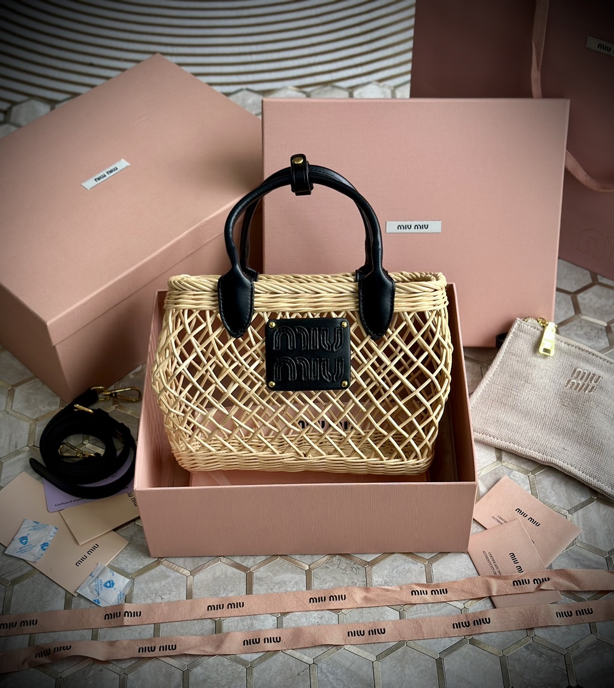 Miu Miu Woven fabric handbag with leather trim กระเป๋าสานดีไซส์ย้อนยุค