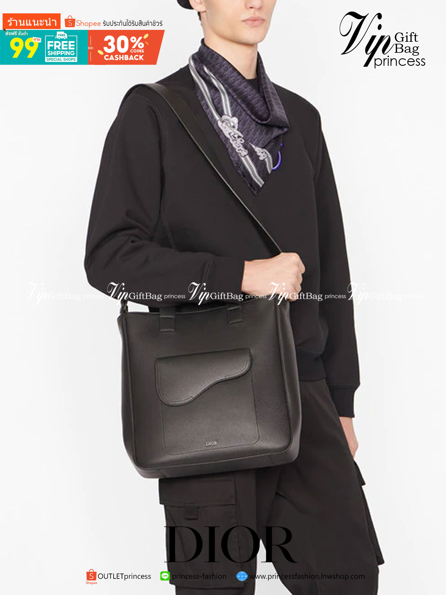 หนังแท้ CHRISTIAN DIOR SADDLE TOTE BAG WITH SHOULDER STRAP Black Grained Calfskin พร้อมส่งที่ไทย เกรดออริจินอลหนังแท้ทั้งใบ ภาพสินค้าถ่ายจากงานขายจริง ใช้งานต่างประเทศได้