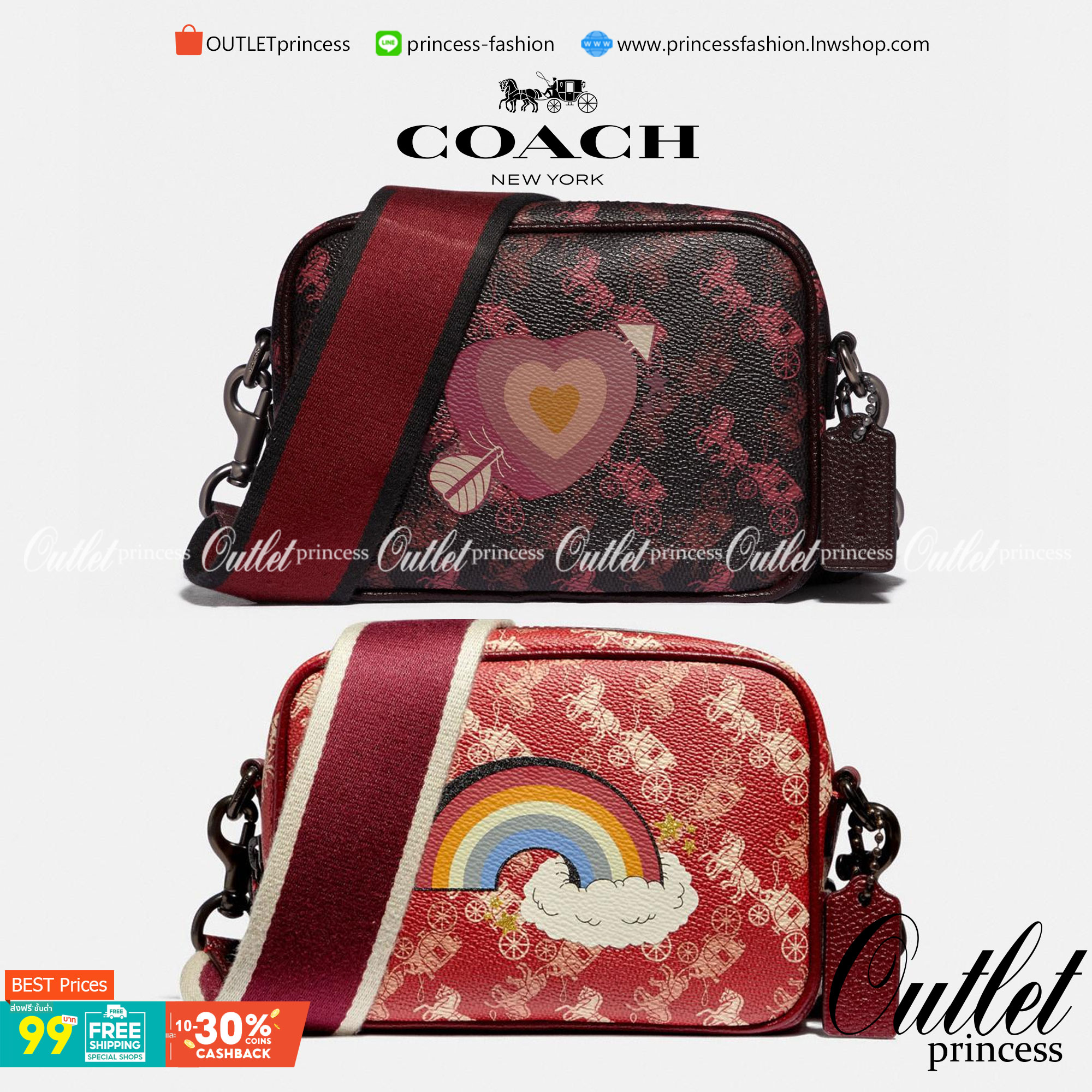 COACH Camera Bag 26, rainbow-red pattern COACH Camera Bag 16 With Horse And Carriage Print and Heart OXBLOOD (F79369 F88264) 🍁น่าใช้มากมาย รุ่นนี้มาพร้อมสายสปอร์ตใหญ่ ถอดเก็บได้ ปรับระดับได้ หนาแน่น ทนทาน จุของได้เยอะพอสมควร //วัสดุแคนวาส