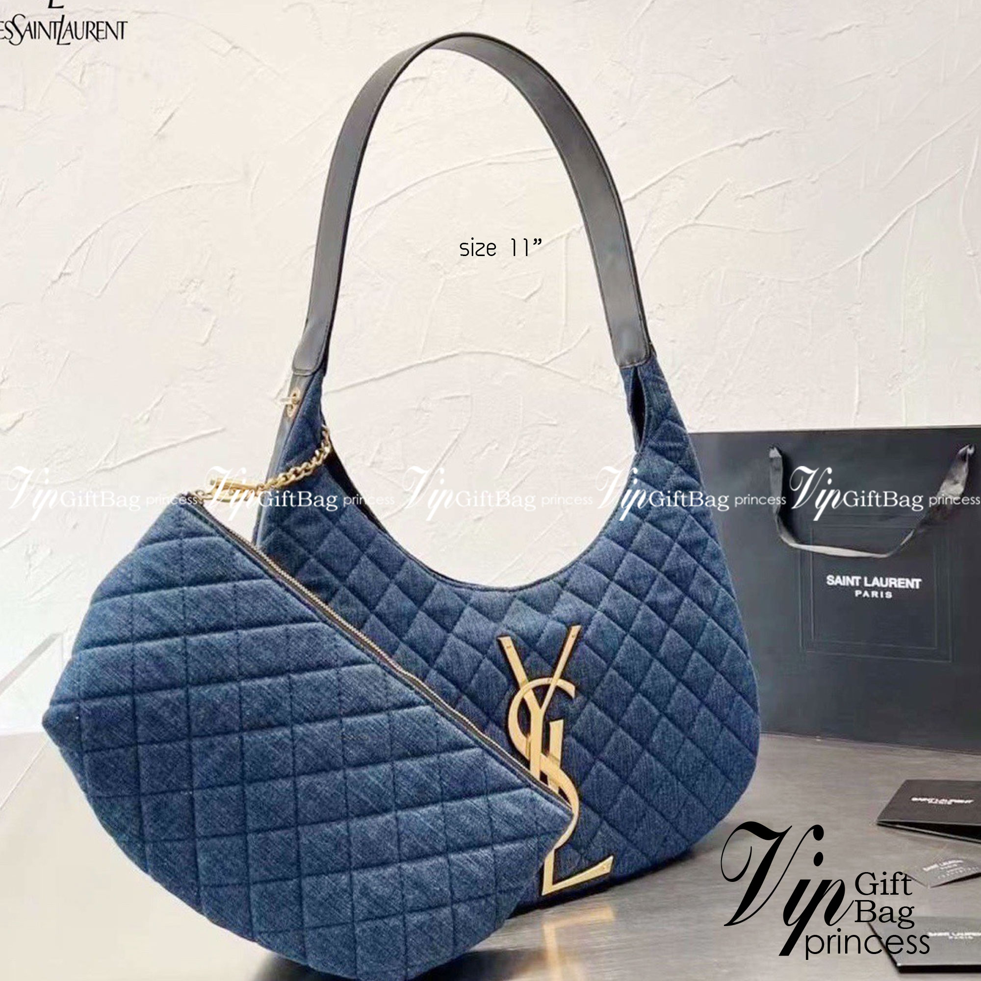 YSL Icare Maxi Shopping Bag In Quilted Lambskin 11" / YSL Icare Maxi Denim กระเป๋าสะพายขนาดกะทัดรัด มาพร้อมใบเล็ก หนังบุเย็บลายตาข่าย (Quilted Bag) ดีไซน์โฉบเฉี่ยวกว่าหลายระดับด้วยการประดับฮาร์ดแวร์ทองเหลืองในตัวอักษร Y.S.L สะดุดตา มอบสไตล์เรียบง่ายแ