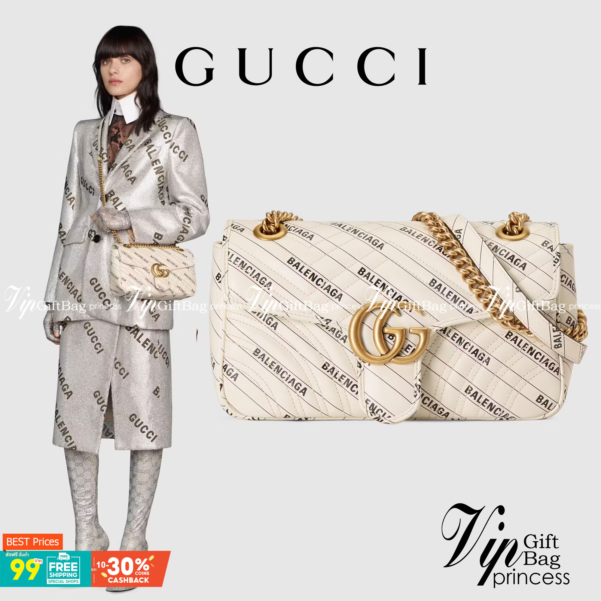 หนังแท้ GUCCI The Hacker Project small GG Marmont bag Balenciaga print leather คอลเลคชั่นผสมผสานเอกลักษณ์ความหรูของ 2 แบรนด์ดัง ที่ยอดขายดีตั้งแต่วันแรกที่ลง shop ด้วยรูปทรงที่กะทัดรัด ตอบโจทย์ได้ทุกลุค ทุกไลฟ์สไตล์ ใช้งานได้ง่ายคล่องตัว เรียกได้ว่าใครไม่