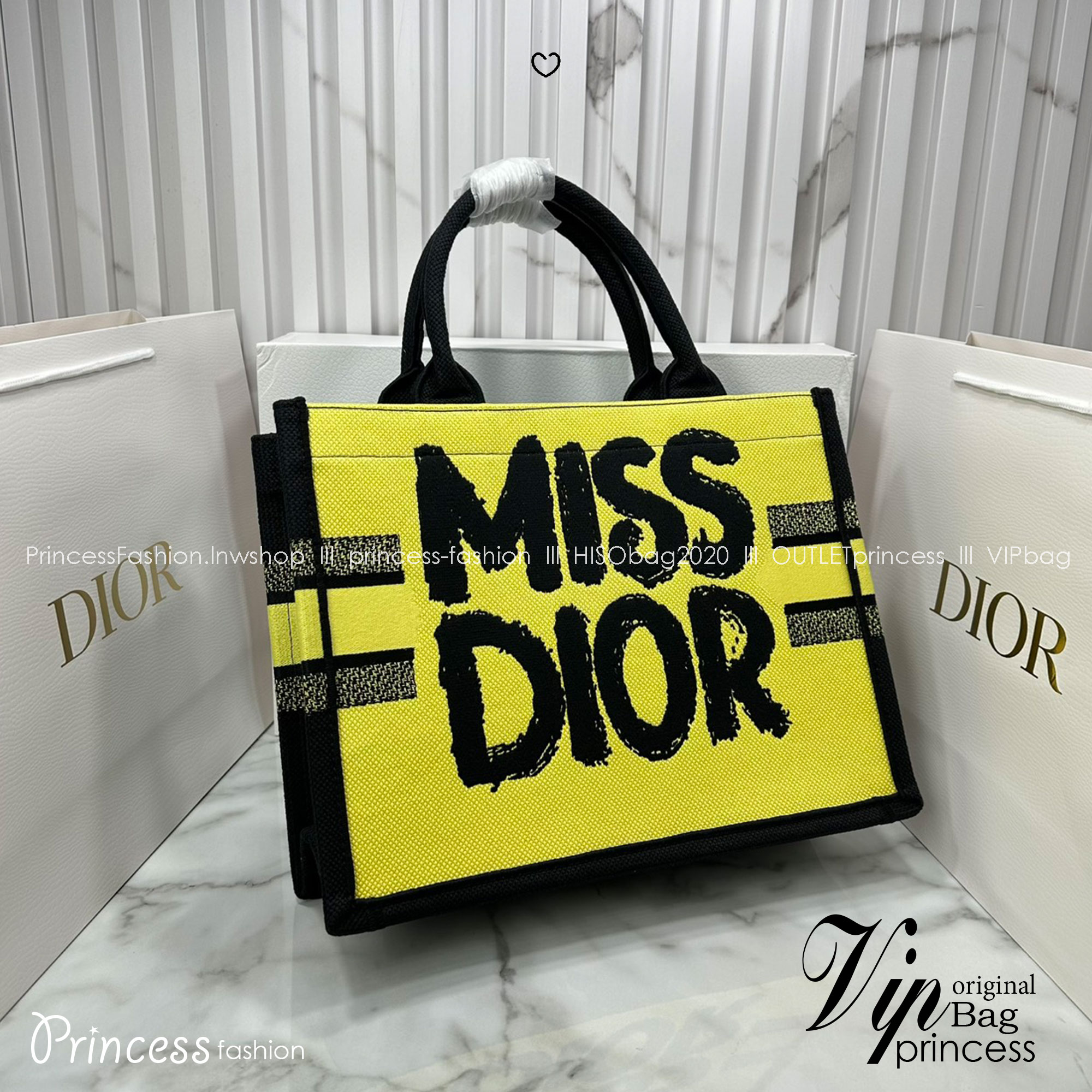 ORI หนังแท้ | ORI หนังแท้ | Dior BookTote Yellow-Blue Miss Dior Embroidery Tote Bag กระเป๋าทรงโท้ทคอลใหม่ โทนสีสดใสคลาสสิก สวยงามและหรูหรา