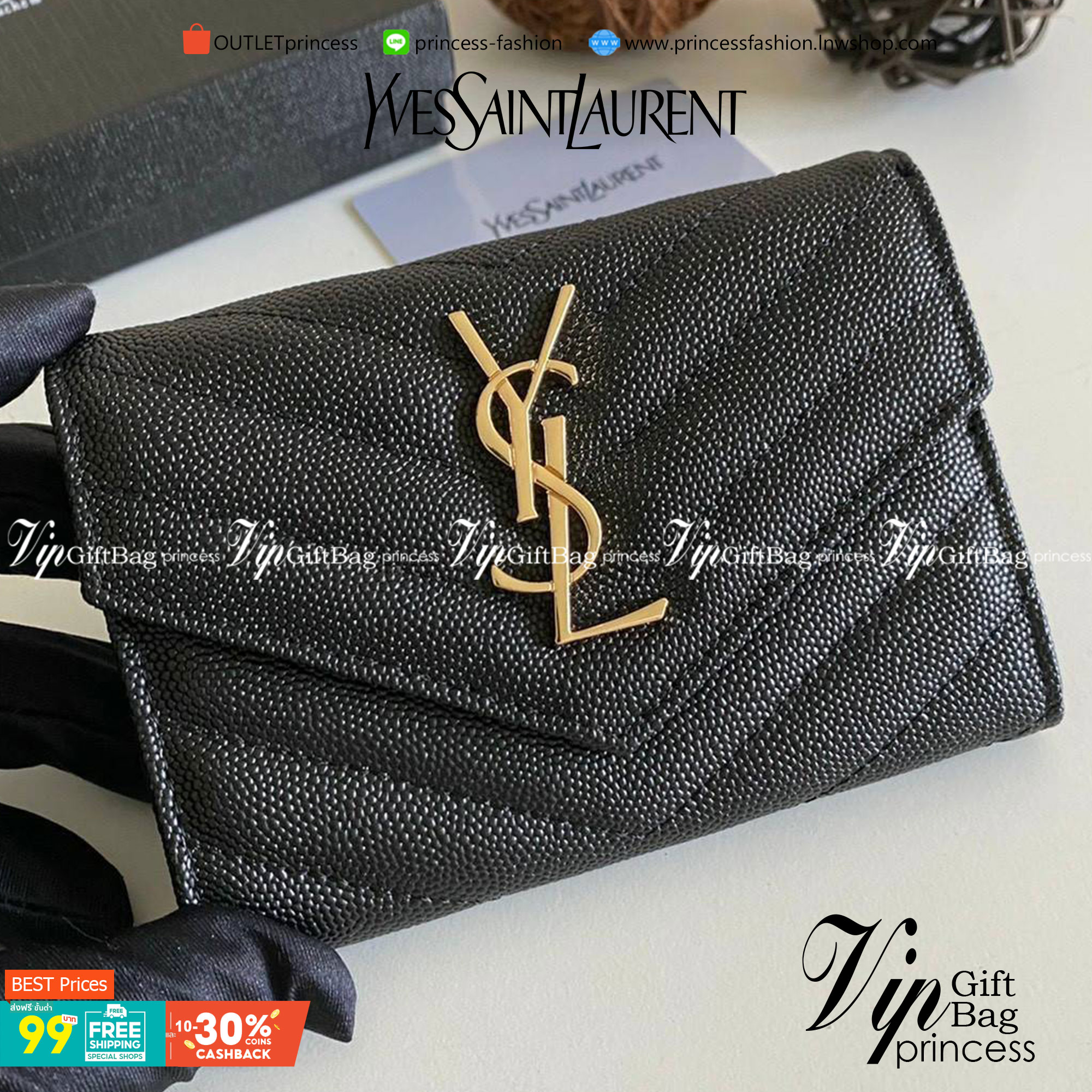 หนังแท้ 12cm YSL SAINT LAURENT GARD HOLDER Small Envelope Monogram Wallet