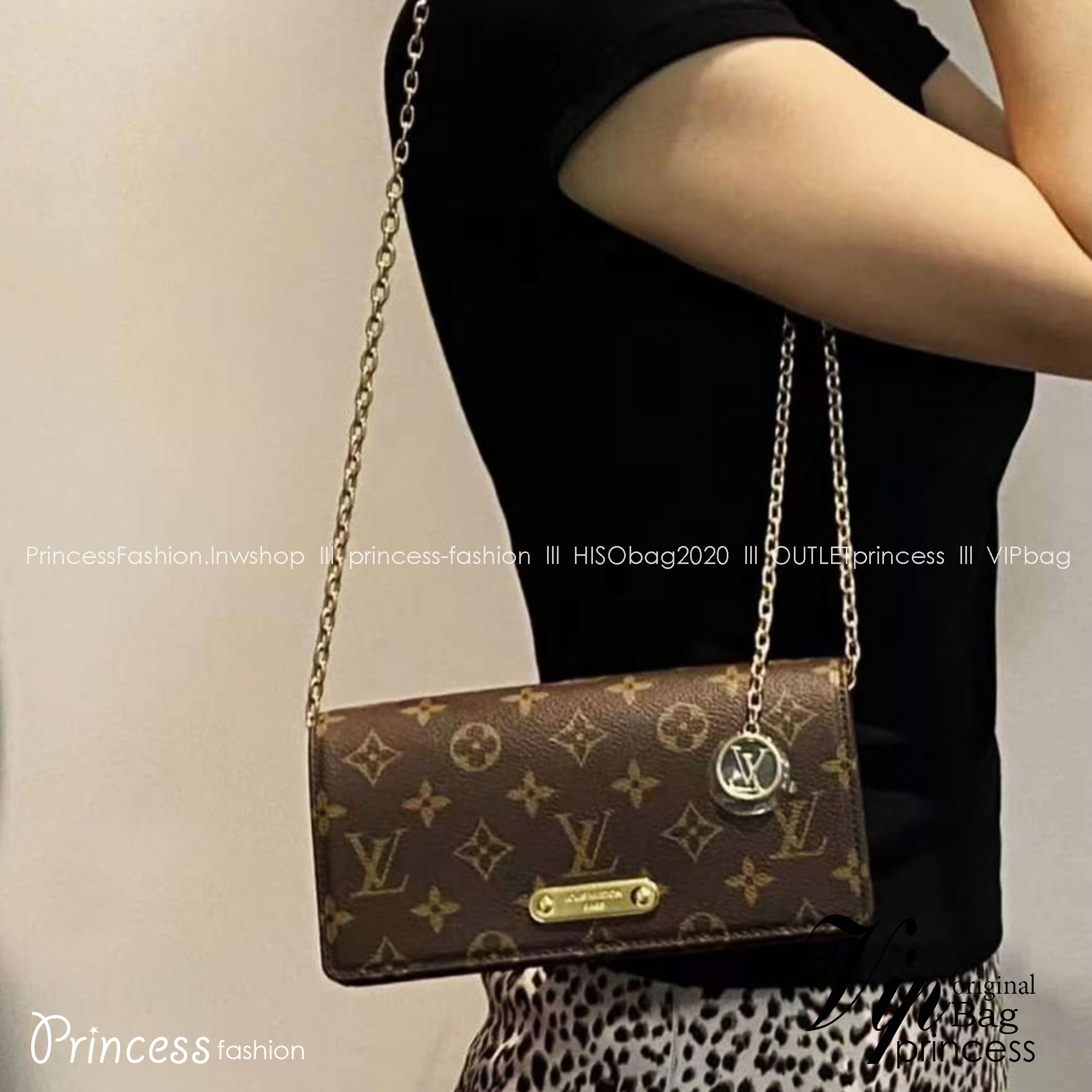 LV Wallet On Chain Lily Monogram Canvas กระเป๋าสะพายทรงพอชคลาสสิค รูปทรงสี่เหลี่ยมเพรียวบางเข้ากับลุคเรโทรเรียบหรู ดีไซน์เรียบหรู ลายโมโนแกรม