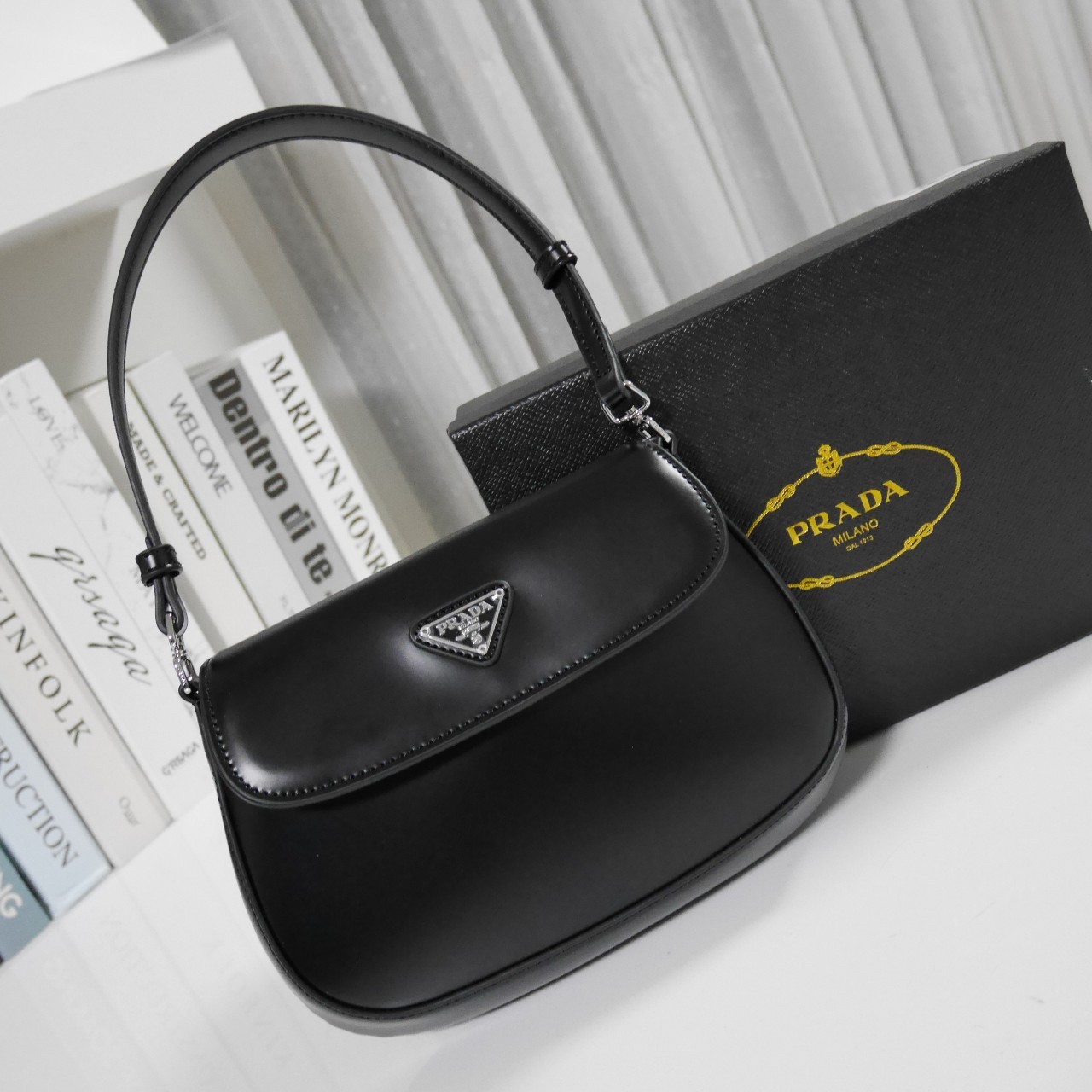 PRADA CLEO BRUSHED LEATHER SHOULDER BAG กระเป๋าทรงสวยยอดฮิต ทรงสะพายไหล่สวยหรูอยู่ทรง หนังเรียบเงาหรูสุดคลาสสิก