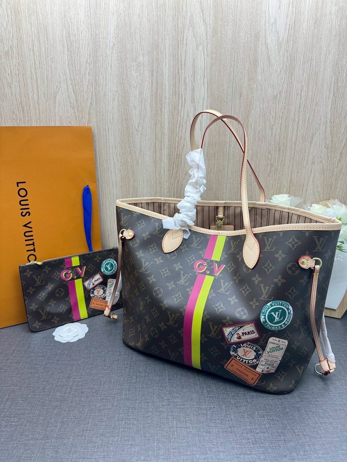 ORI หนังแท้ | LV Neverfull MM Mon Monogram Meridian / LV Tote Bag กระเป๋าสะพายทรงโท้ทใบใหญ่ ลายทางคาดหน้าสไตน์ท่องเที่ยว