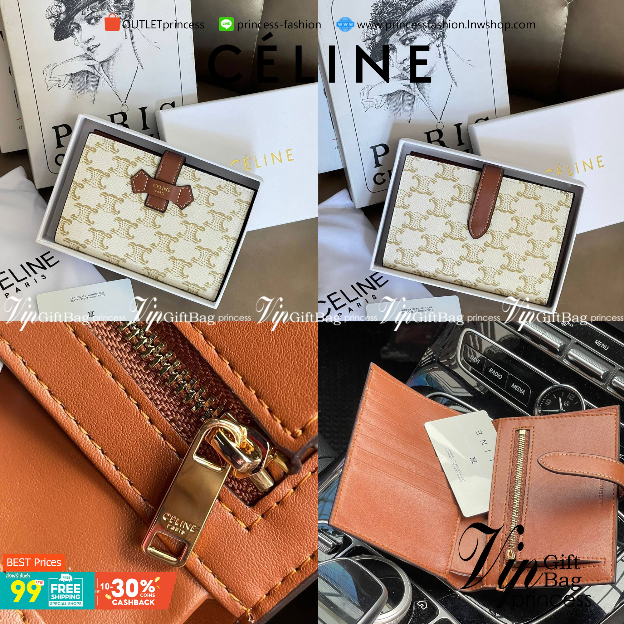 CELINE MEDIUM STRAP WALLET IN TRIOMPHE CANVAS กระเป๋าสตางค์ขนาดกลาง ถือแล้วจะให้ความรู้สึกที่คล้ายกับกระเป๋าคลัทช์ ดีไซน์ทันสมัยให้ใช้งานได้แบบครบครัน เป็นกระเป๋าสตางค์ ที่มีช่องสำหรับใส่ ธนบัตร เหรียญ และบัตรต่าง ๆ ใช้งานแบบ2ด้าน มีลวดลายTriomp ที่เป็นซิ