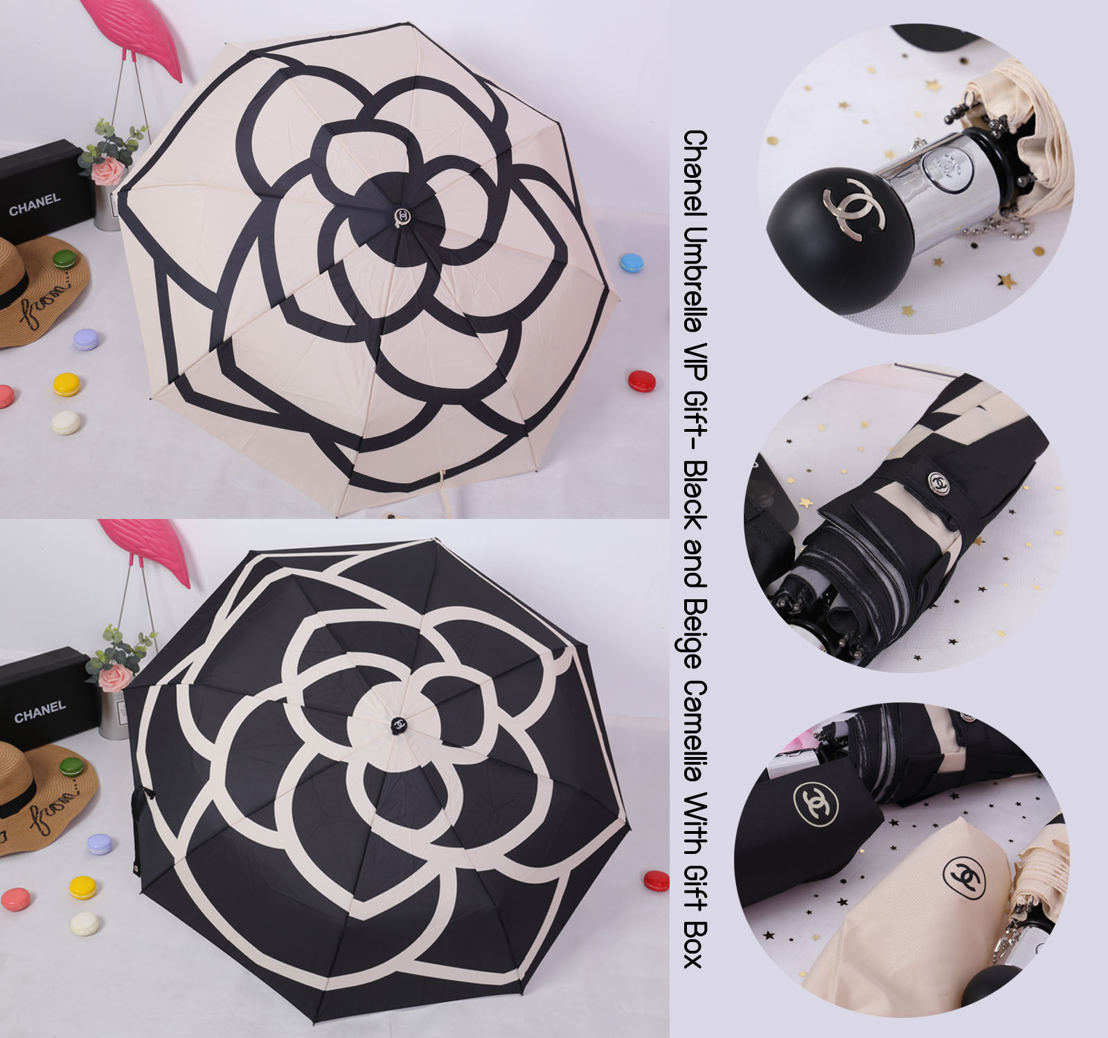 Chanel Umbrella VIP Gift- Black and Beige Camellia With Gift Box Vip Gift Chanel ของแท้ 100% ร่มพับระบบออโต้พรีเมี่ยมจาก Chanel Cosmetic Counter สำหรับกันฝนกันแดด ปกป้องทั้งแดดและฝนพกพาสะดวก ใช้งานง่ายด้วยปุ่มกดออโต้ มาพร้อมปลอกร่ม ภาพถ่ายจากสินค้าจริง สว
