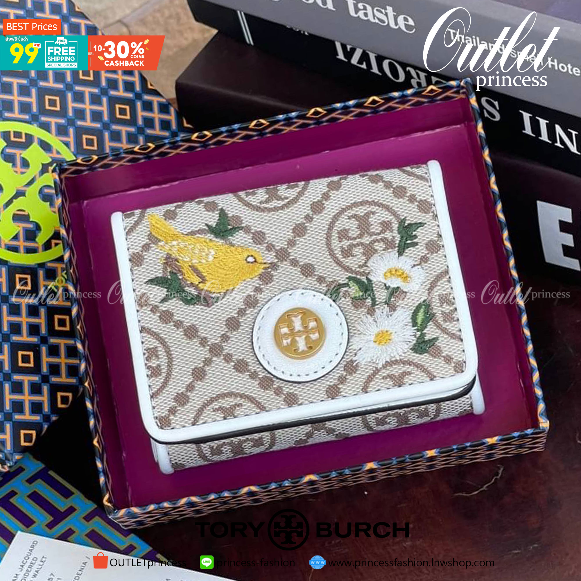 ของแท้ 💯% 】Tory burch T monogram jacquard embroidered mini wallet สวยงามด้วยดีไซน์ กระเป๋า T Monogram สำหรับสาว ๆ ที่ไม่ชอบจัดเก็บของต่าง ๆ ในกระเป๋าสตางค์มากนัก ต้องถูกใจกระเป๋ารุ่นนี้แน่นอน