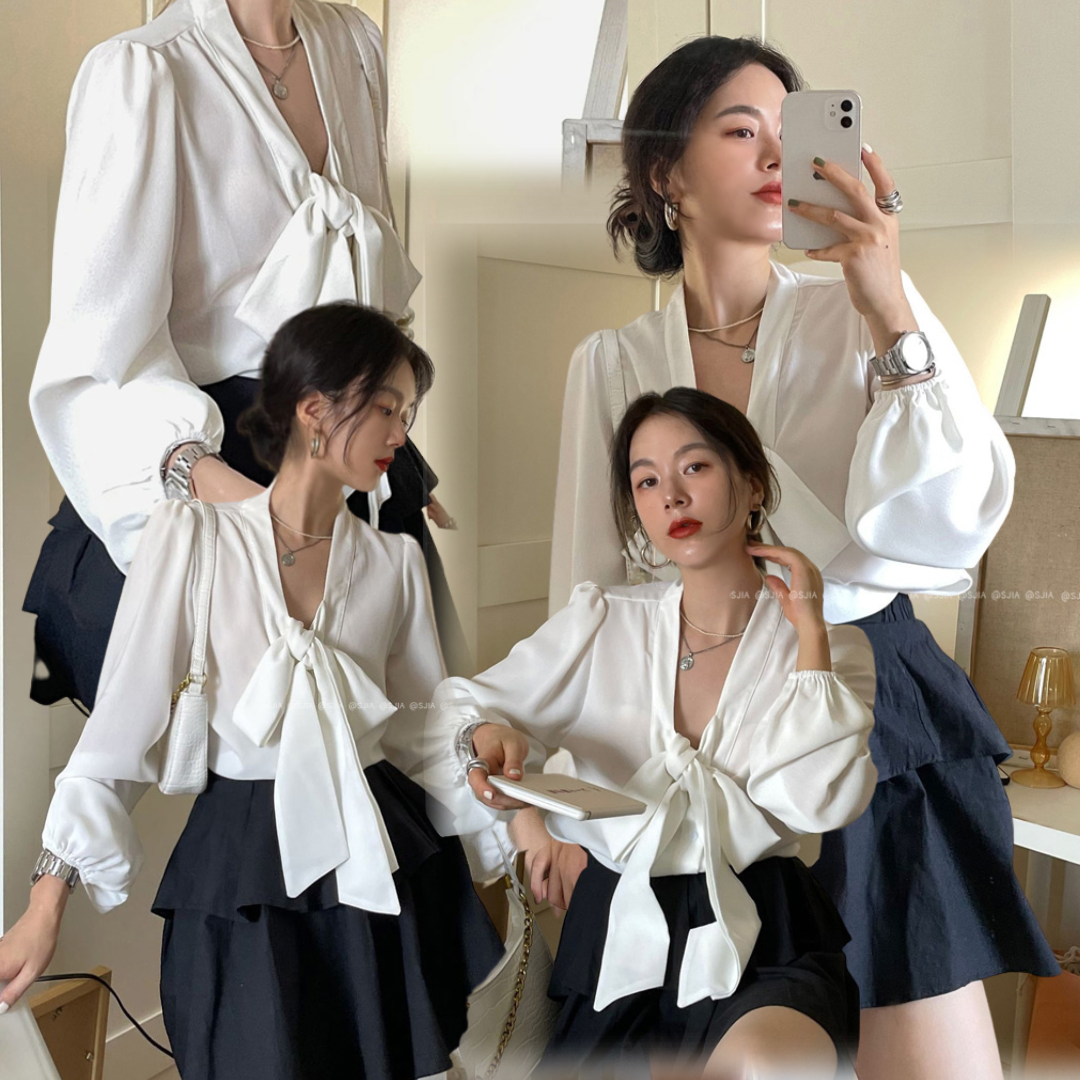 พร้อมส่ง 🧀🐝 Ana tops เสื้อแขนยาวแต่งสายโบว์ (35819)
