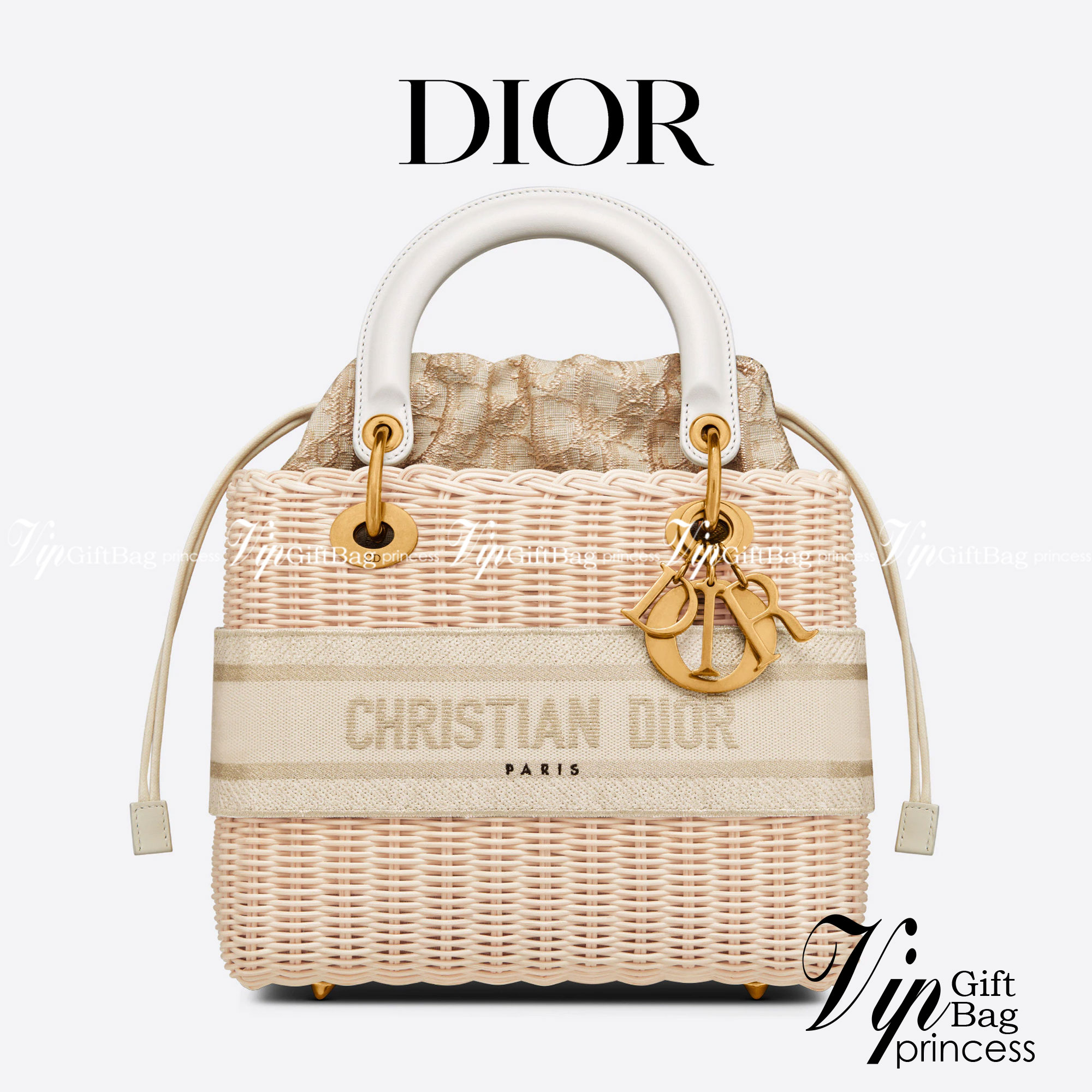 Medium Lady Dior Bag Natural Wicker and Dior Oblique Jacquard [Blue/Latte] เสน่ห์ที่สง่างาม พร้อมส่งที่ไทย ภาพสินค้าถ่ายจากงานขายจริง ใช้งานต่างประเทศได้ค่ะ