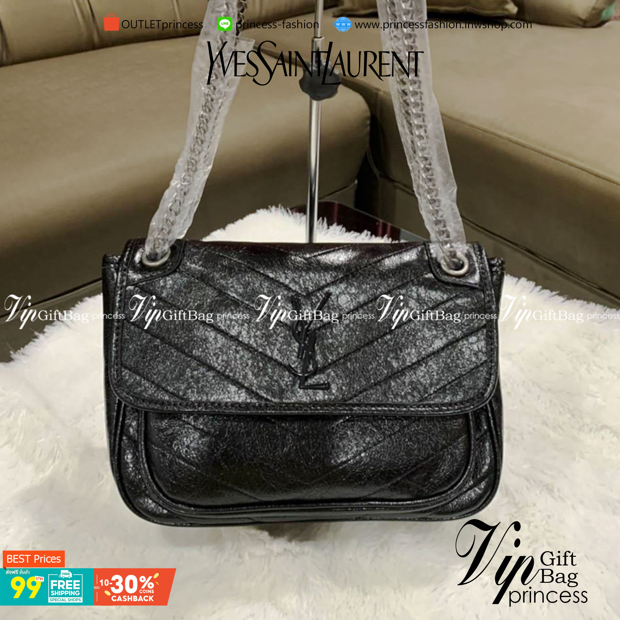 VIP 】Saint Laurent Niki shoulder bag VIP GIFT WITH PURCHASE (GWP) พรีเมี่ยมกิ้ฟ Limited Edition จาก YSL DUTY FREE COUNTER กระเป๋าสะพายรุ่น Niki จาก Saint Laurent โดดเด่นด้วยโครงสร้างทำจากหนังวัว หนังมันเงา นิ่ม งานสวยมากๆ ค่ะ อะไหล่สีดำ ด้านหน้าประดับโลโก