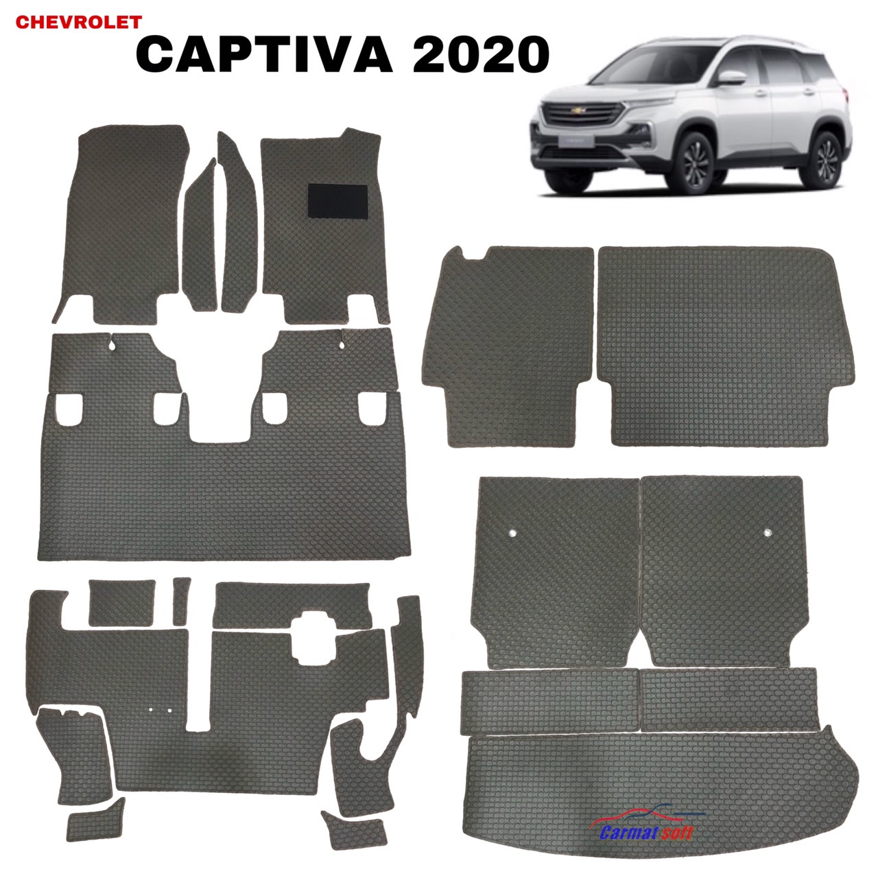 พรมปูพื้นรถยนต์ CAPTIVA 2019-20 ลายกระดุมสีเทาเต็มคัน พื้นเรียบ