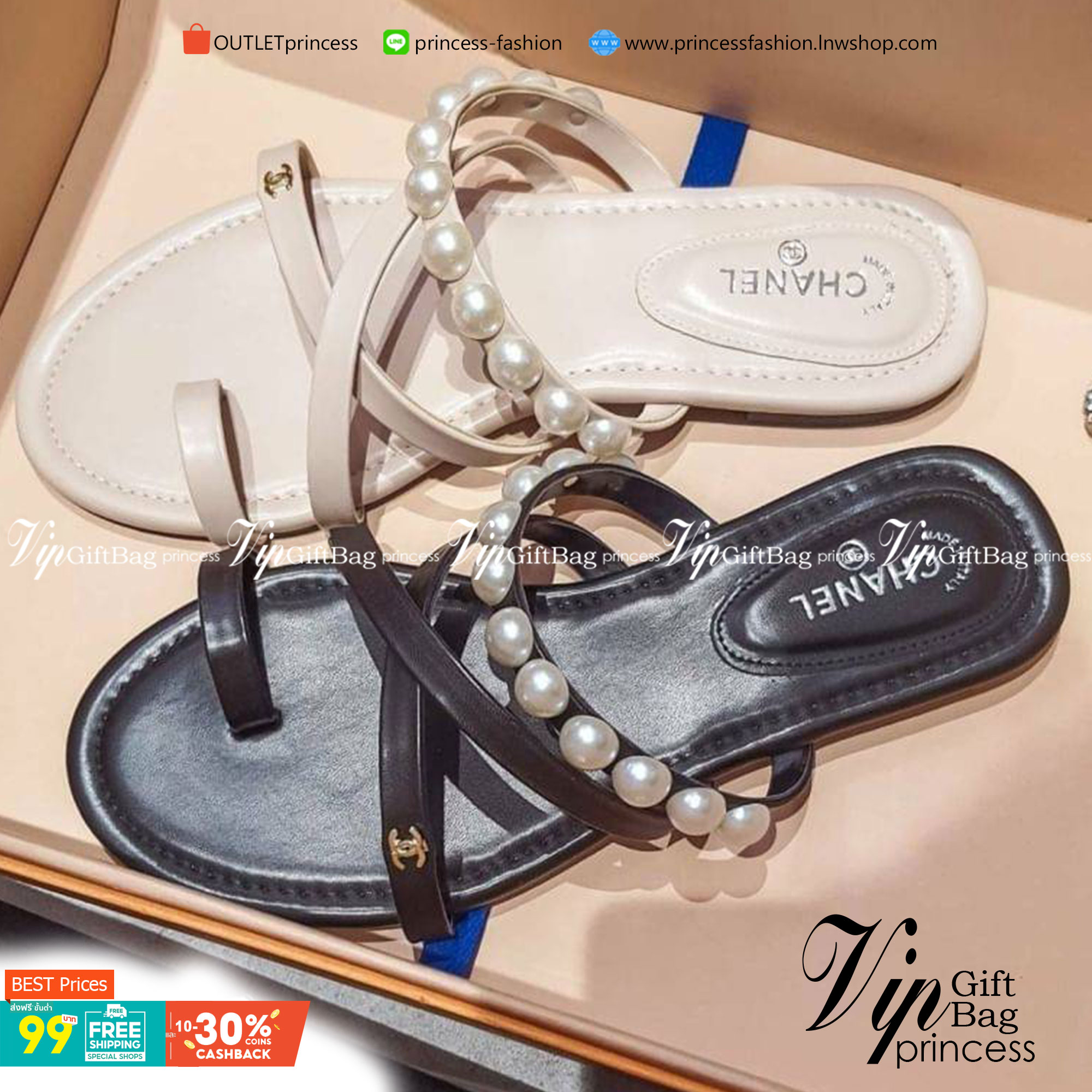 Chanel Sandels with Pearl แตะ สวม ชิคๆ วัสดุหนัง PU สวมโป้งคาดครอสเอ็กซ์ ด้านบนแต่งไข่มุกสวยละมุน พร้อมติดอะไหล่โลโก้แบรนด์
