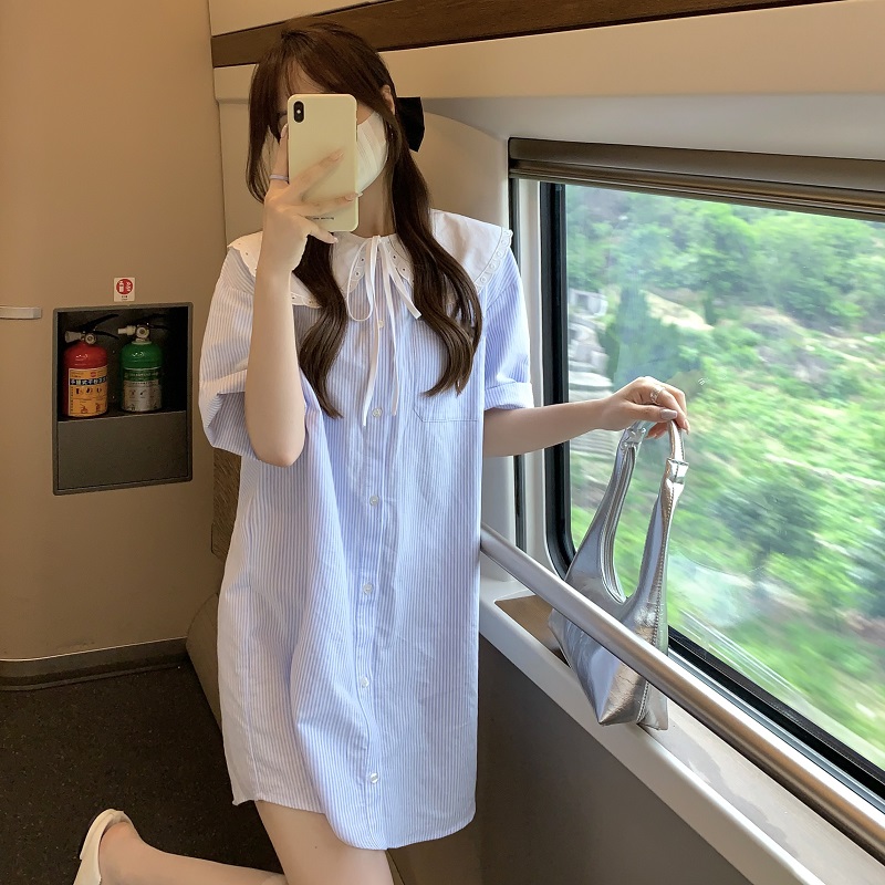 พร้อมส่ง 🐇❄ Fresh aqua dress เดรสสีฟ้าลายขาวแต่ง (IN37525)