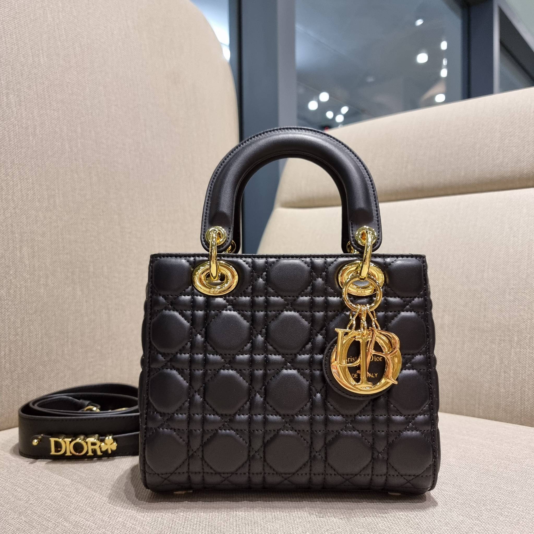 DIOR CD LADY BAG กระเป๋าสะพายข้างพรีเมี่ยมกิ๊ฟสุดฮอต ดีไซน์เรียบง่าย แต่แฝงไปด้วยความหรูหรา ทรงกล่องคลาสสิค โดดเด่นด้วยพวงกุญแจอะไหล่สีทอง วัสดุหนังแท้ มีหูจับในตัวและสายครอสบอดี้สุดเลิศ ที่มาพร้อมอะไหล่ฟอนท์สีทองเรียงร้อยในสายหนัง แต่งเติมดีเทลอัพราคาไปอ