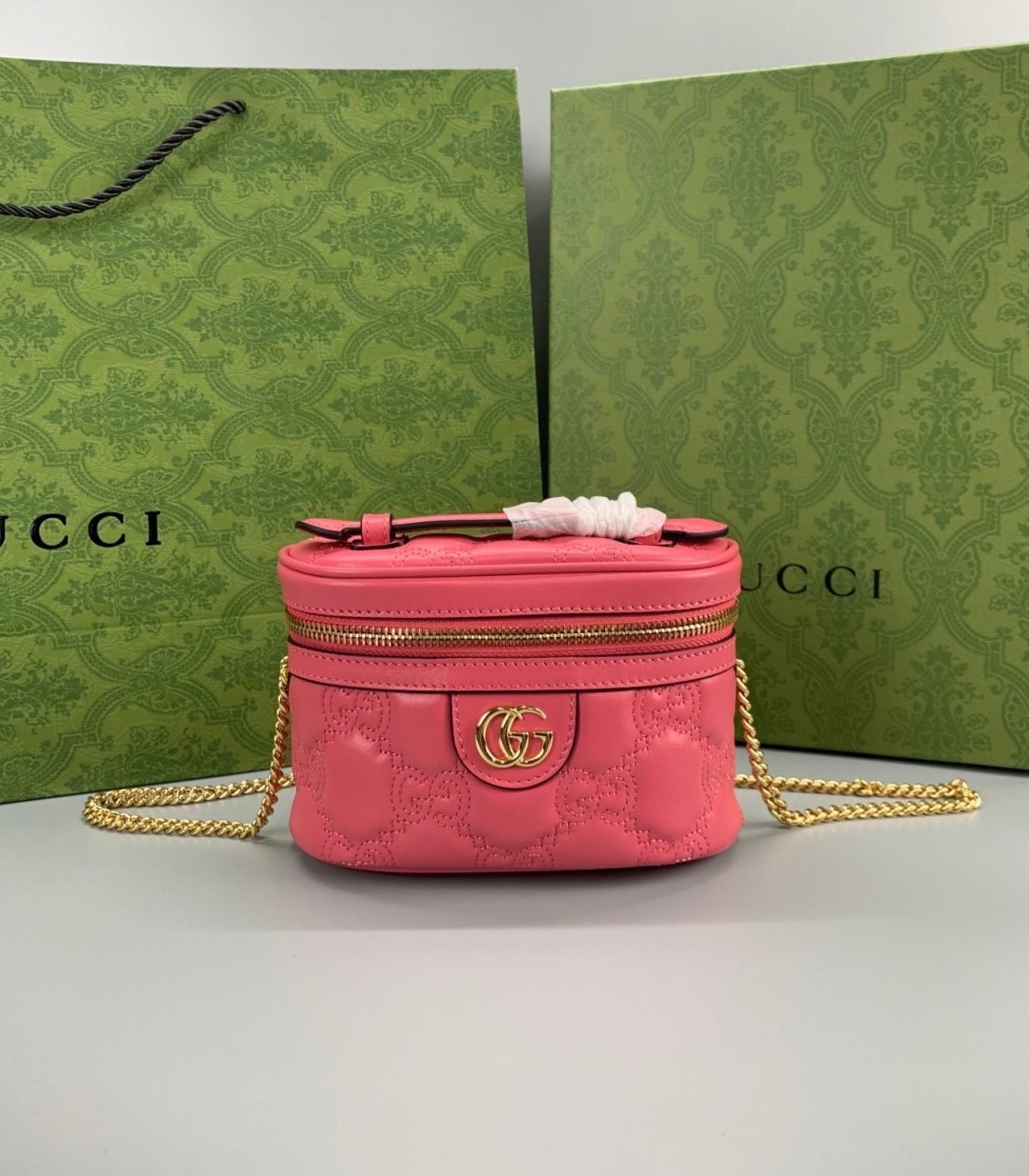 GUCCI GG MATELASSE TOP HANDLE MINI BAG กระเป๋าสะพายไซส์มินิพร้อมสายโซ่สีชมพู หนังแท้ เกรดออริจินอล 1:1 เกรดดีสุด สลับแท้