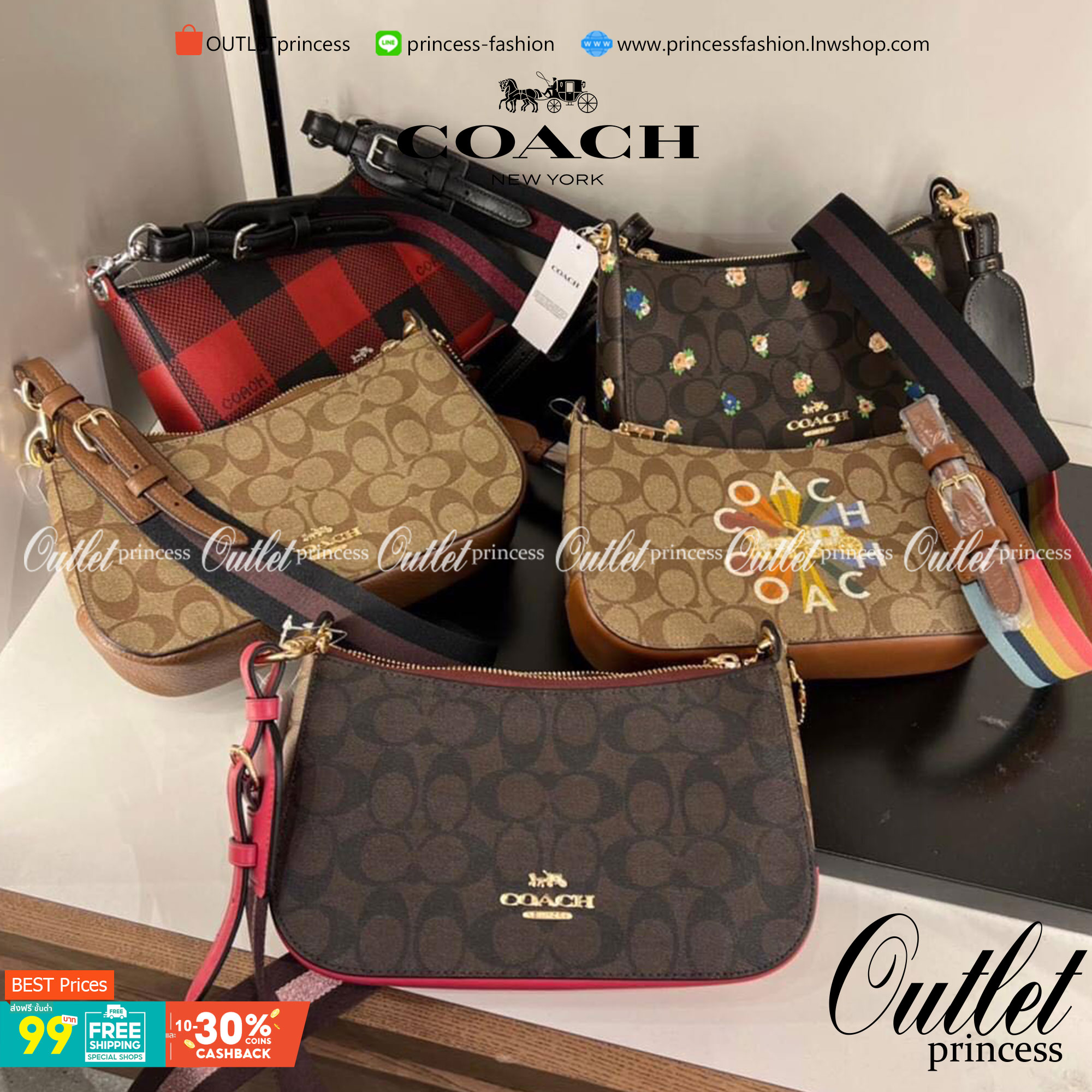 OUTLET 】COACH JES BAGUETTE IN SIGNATURE CANVAS (C7264) GOLD/KHAKI SADDLE สินค้าพร้อมส่งที่ไทย