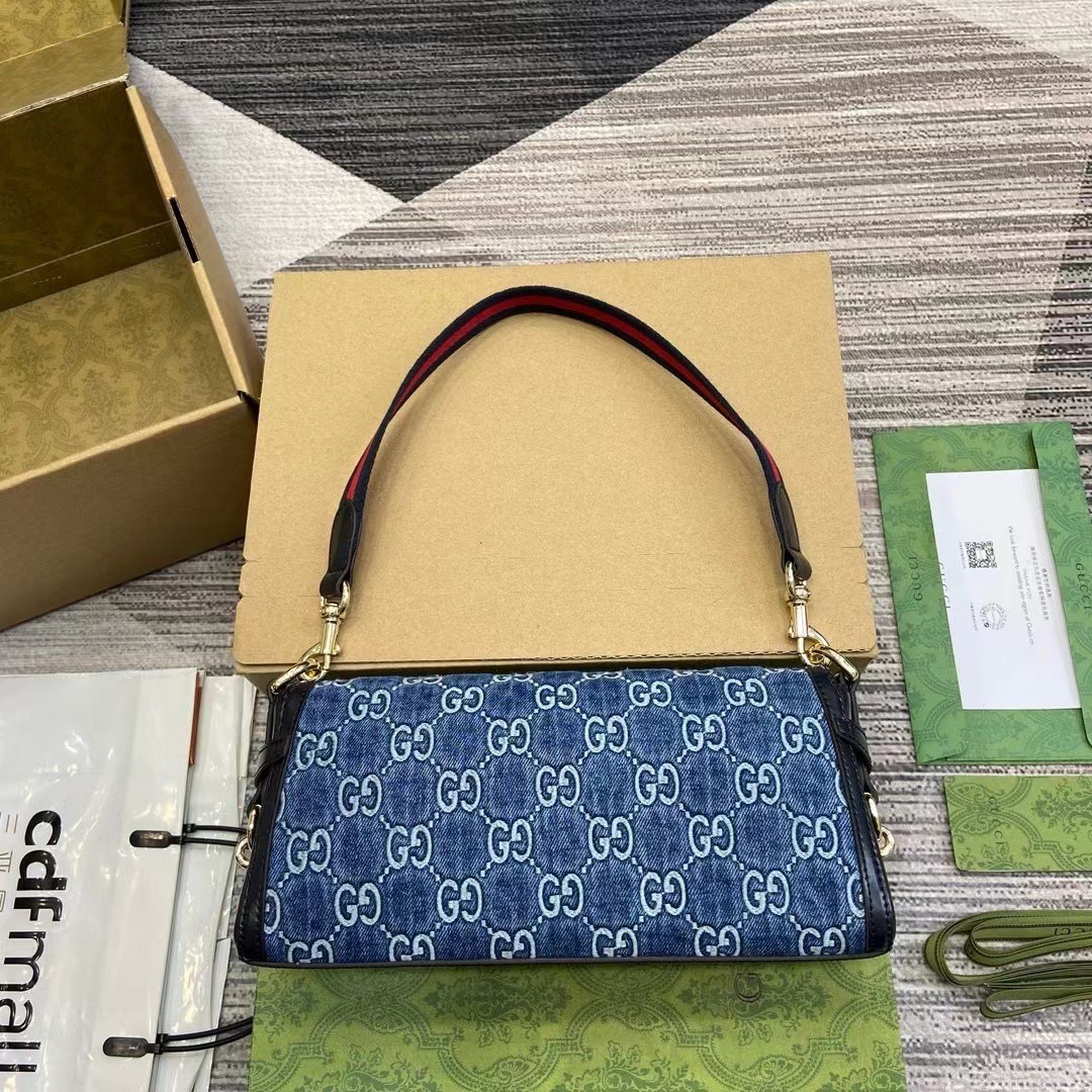 GUCCI LUCE SMALL SHOULDER BAG Blue GG denim leather trim กระเป๋าสะพายไหล่เดนิม เกรดออริ ท็อป สลับแท้ 1:1 เกรดดีสุด ใช้งานต่างประเทศได้