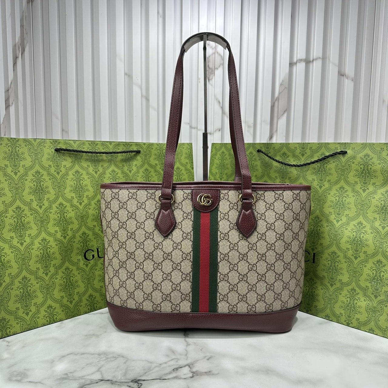 ORI หนังแท้ | Gucci Ophidia medium tote bag GG Monogram Double G / Gucci Tote Bag กระเป๋าสะพายทรงโท้ทใบใหญ่ ภายในโล่งกว้างจุของได้เยอะ