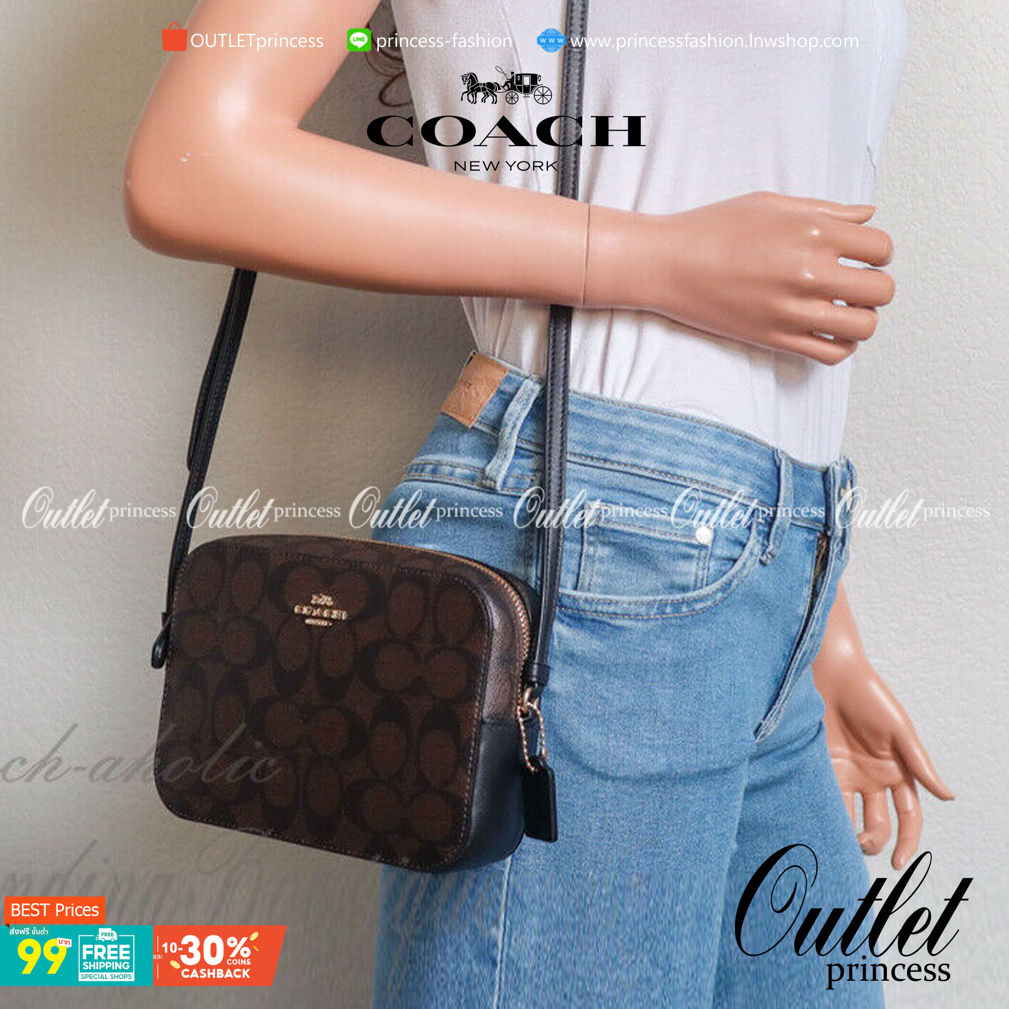 COACH 91677 MINI CAMERA BAG IN SIGNATURE CANVAS ขายดีที่สุด!! กระเป๋าสะพายข้างไซส์มินิ คลาสสิคอยู่ทรง อะไหล่ทองตัดดูหรู วัสดุหนังแคนวาสเคลือบลาย เปิด-ปิดด้วยซิป สายสะพายปรับได้ตามตัว ใบนี้แมทช์ได้ทุกลุค ใช้เป็น everyday bag ได้สบายๆเลยจ้า