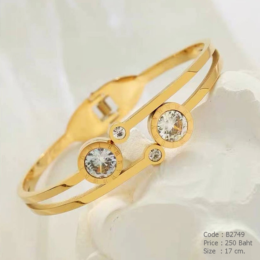 กำไลข้อมือทรงวงรีสีทอง สแตนเลสแท้ ฝังคริสตัล