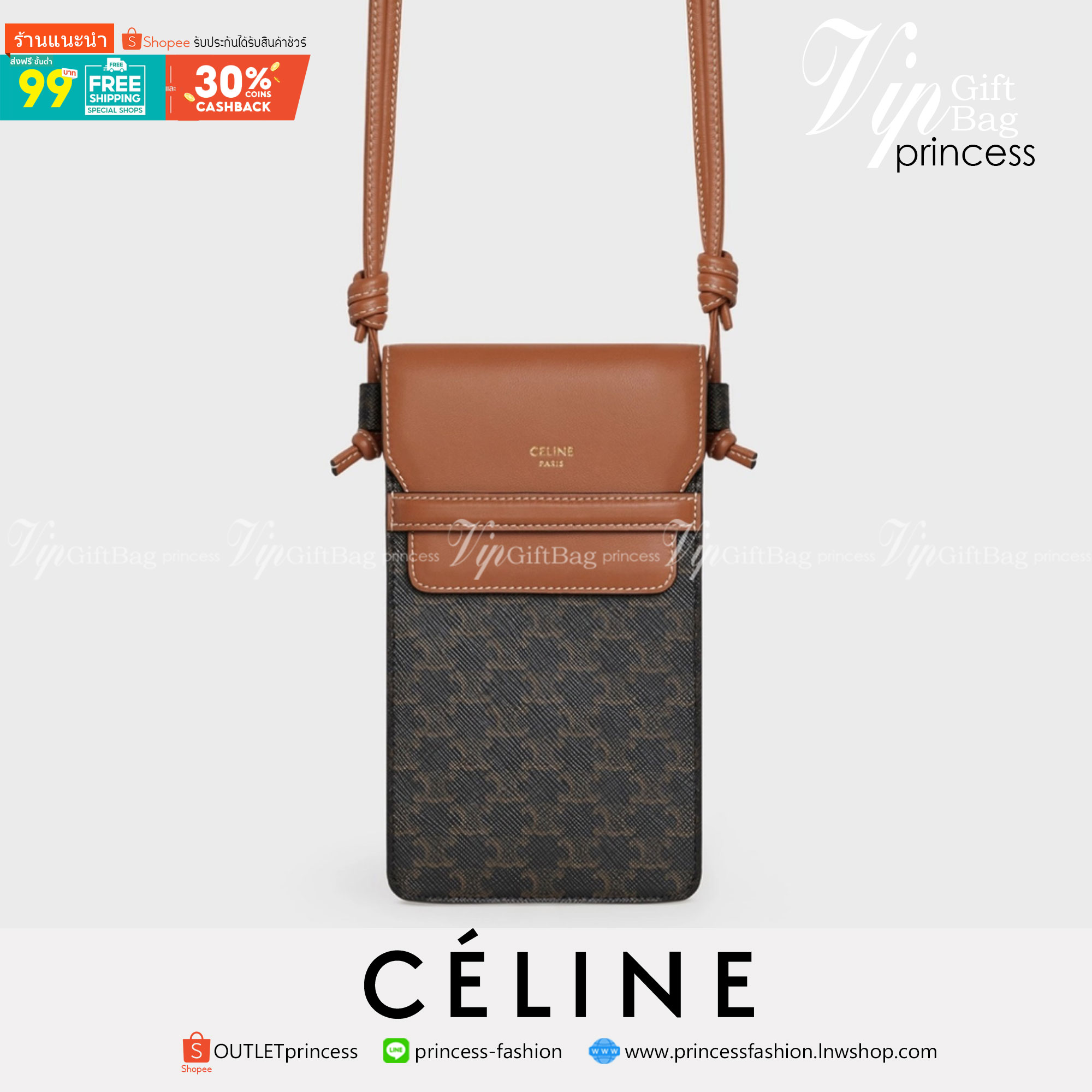 VIP 】พร้อมส่งที่ไทย!! CELINE Phone Pouch With Flap In Triomphe Canvas And Lambskin