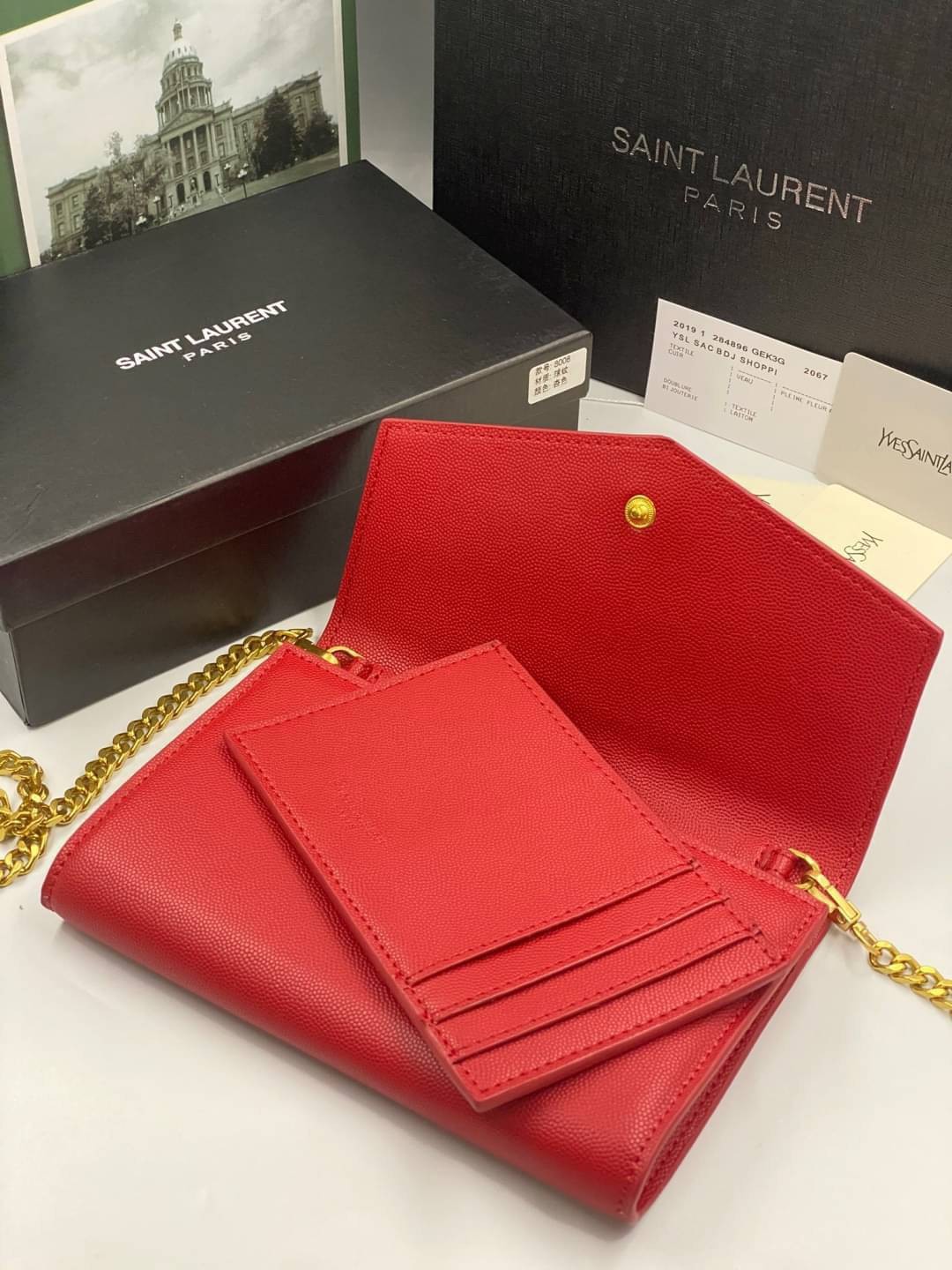 VIP 】หนังแท้ YSL WOC Saint Laurent Envelope Monogram Leather Crossbody Bag หนังคาเวียร์ อะไหล่ทองสุดหรู มาพร้อมใบเล็กใส่บัตรได้ พร้อมส่งที่ไทย