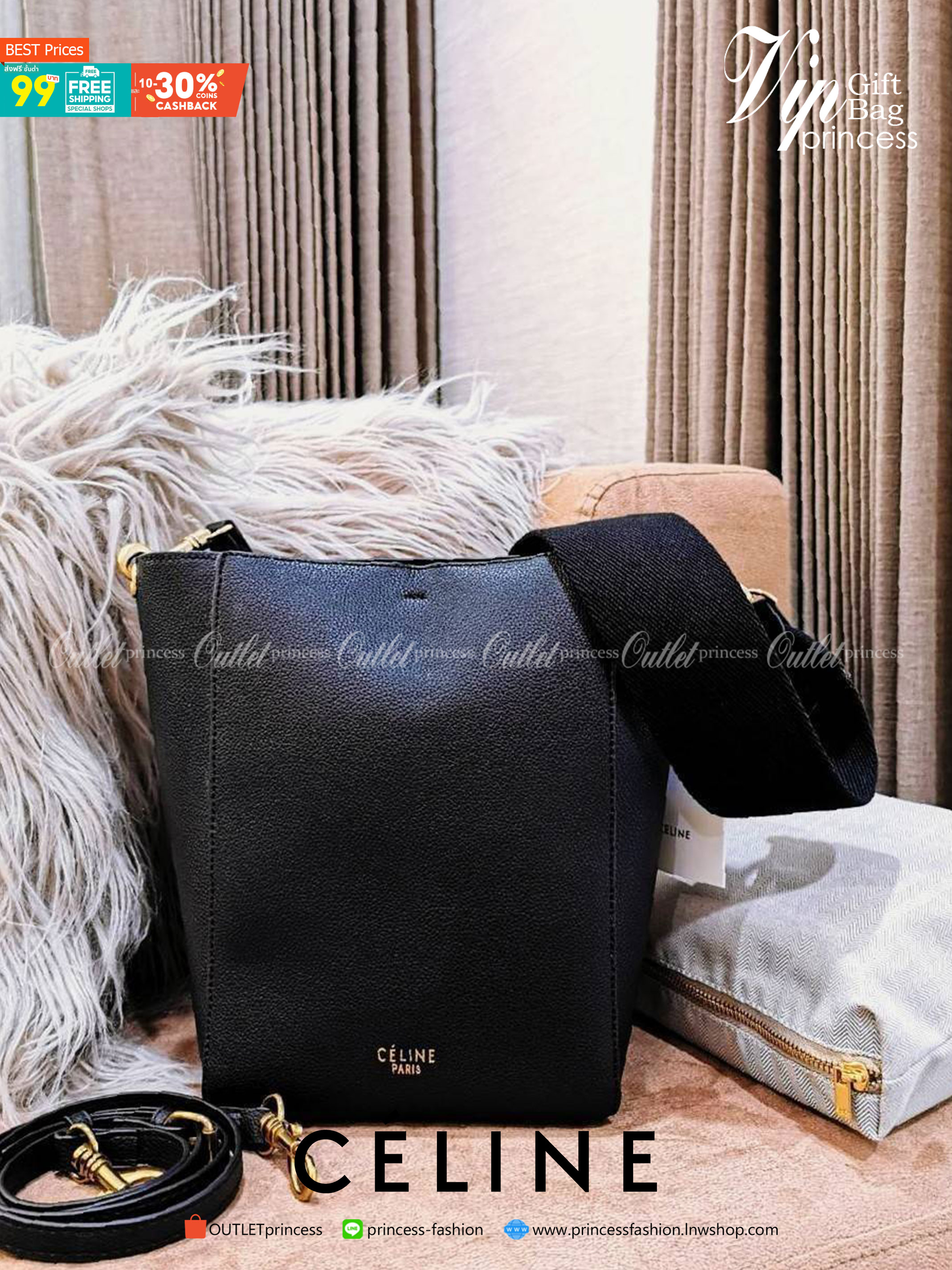 CELINE TRIOMPHE BUCKET BAG VIP GIFT WITH PURCHASE (GWP) พรีเมี่ยมกิ๊ฟ Limited Edition จาก CELINE PERFUME DUTY FREE COUNTER วัสดุหนังแท้ CALFSKIN ดีไซน์ทรง Bucket ขนาดกำลังดี มาพร้อมใบเล็กด้านในแยกใช้ได้ น้ำหนักเบา ภายในกว้างใส่ของใช้ได้เยอะพร้อมสายสะพายให