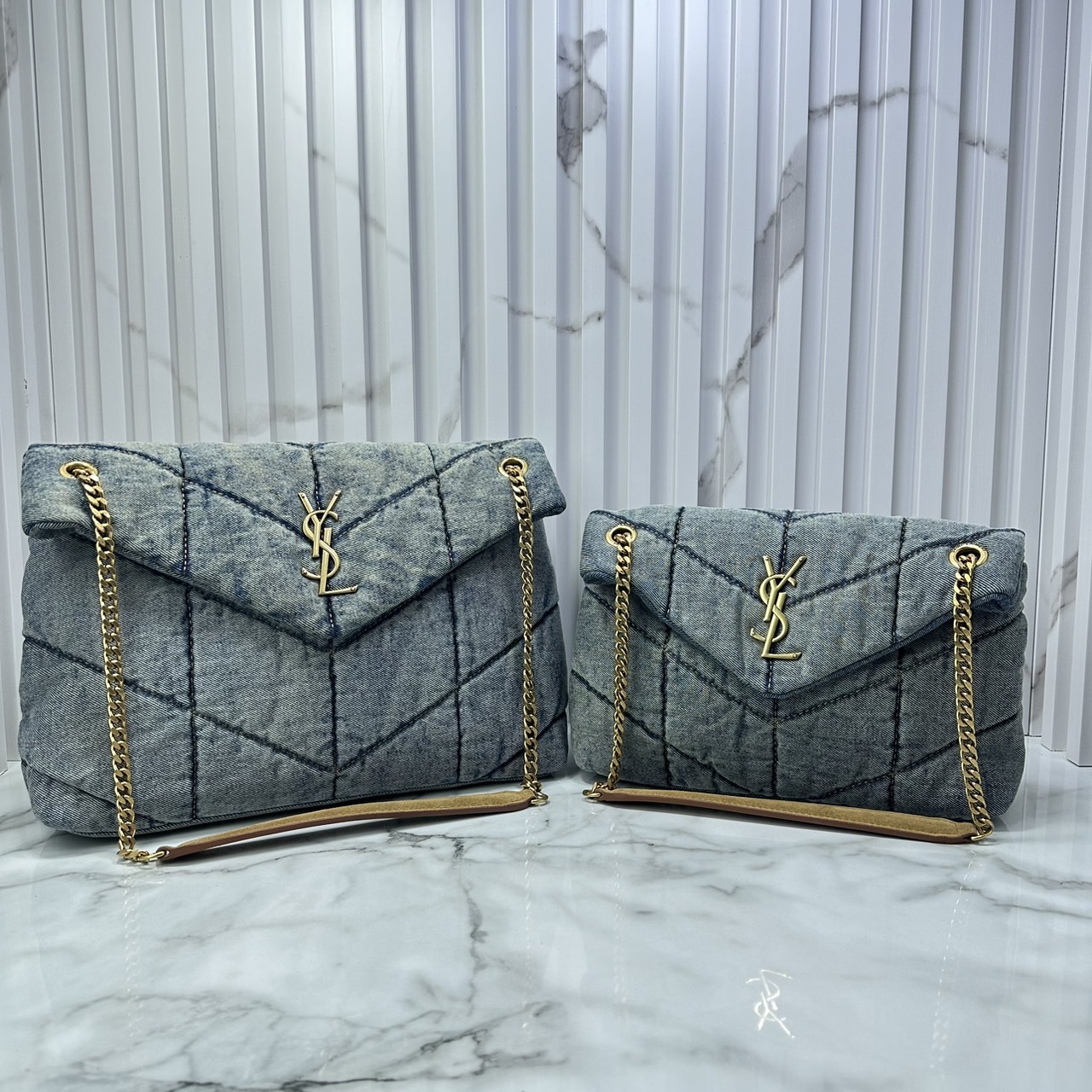 YSL Puffer denim shoulder bag กระเป๋าสะพายเดนิมฟอก สวยเท่ห์คลาสสิกลายเชฟล่อนเป็นเอกลักษณ์ ENVELOPE FLAP BAG WITH SOFT CHEVRON 🧡เกรดออริ ใช้งานต่างประเทศได้