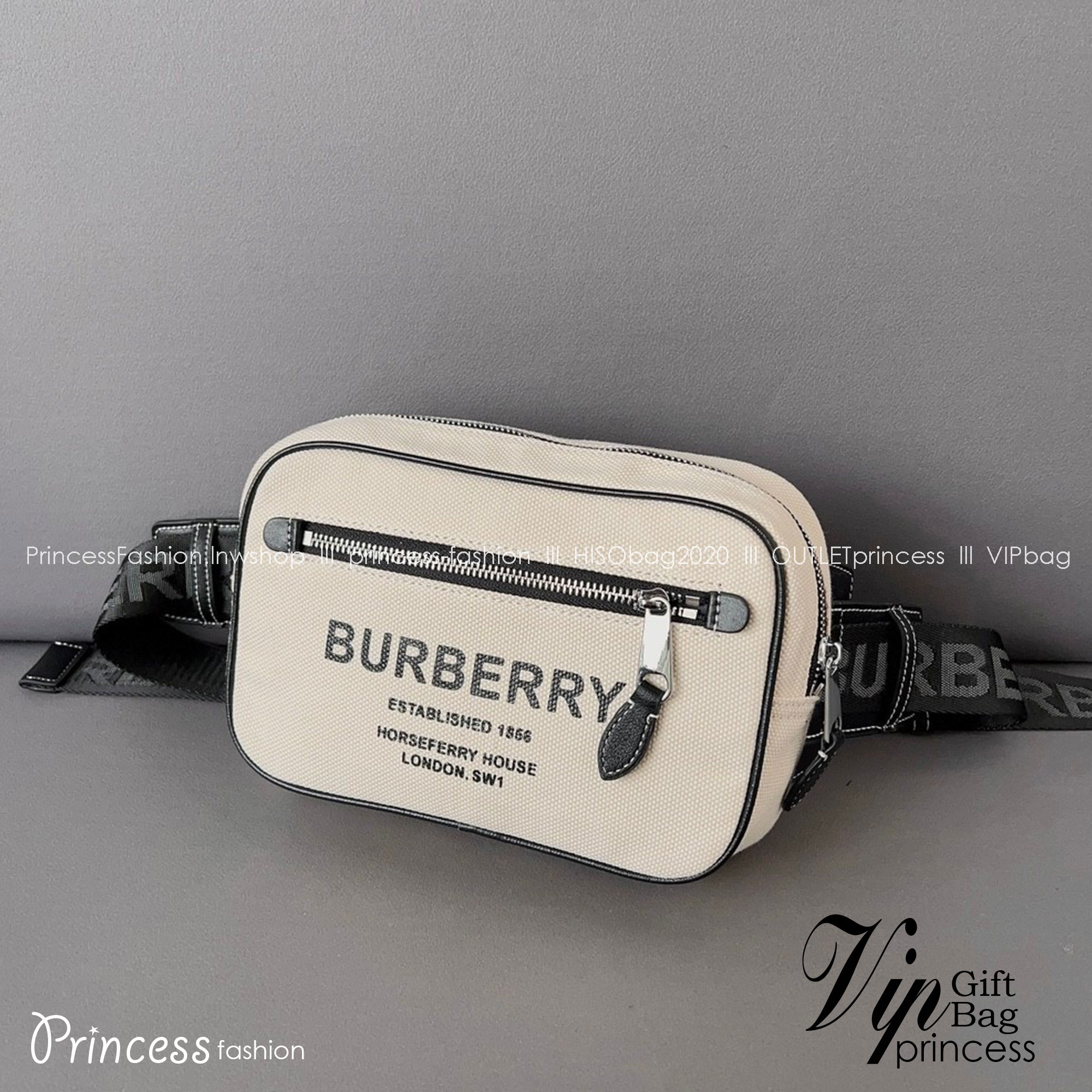Burberry Canvas 'Horseferry' Bum Bag / BURBERRY CANVAS BELT BAG กระเป๋าทรงคาดอก คาดเอว อีกคอลเลคชั่นที่สามารถใช้ได้แบบ UNISEX วัสดุผ้าแคนวาสธรรมชาติ สกรีนโลโก้สีดำรอบใบ
