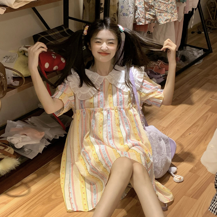 พร้อมส่ง 🍋🎪 Miony dress เดรสคอปกระบายลายทางสีหวานน่ารัก (IN38581)
