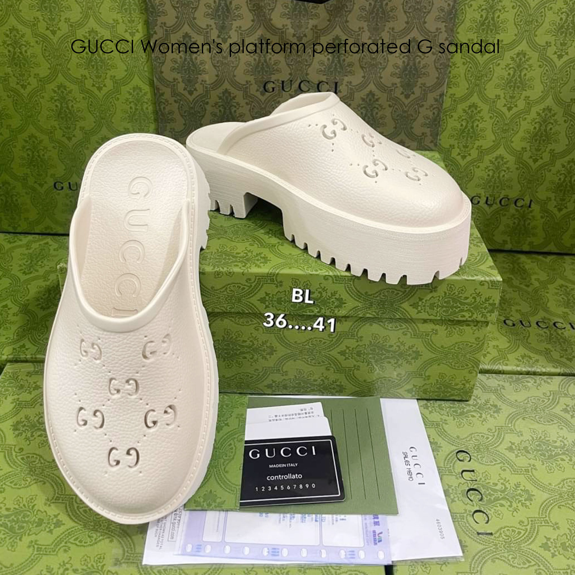 GUCCI Women's platform perforated G sandal รองเท้าแตะกุชชี่พื้นหนา 5cm รุ่นยอดนิยม ยางคุณภาพฉลุลาย GG ยางมีความยืดหยุ่นเนื้อนิ่มไม่แข็งกระด้าง