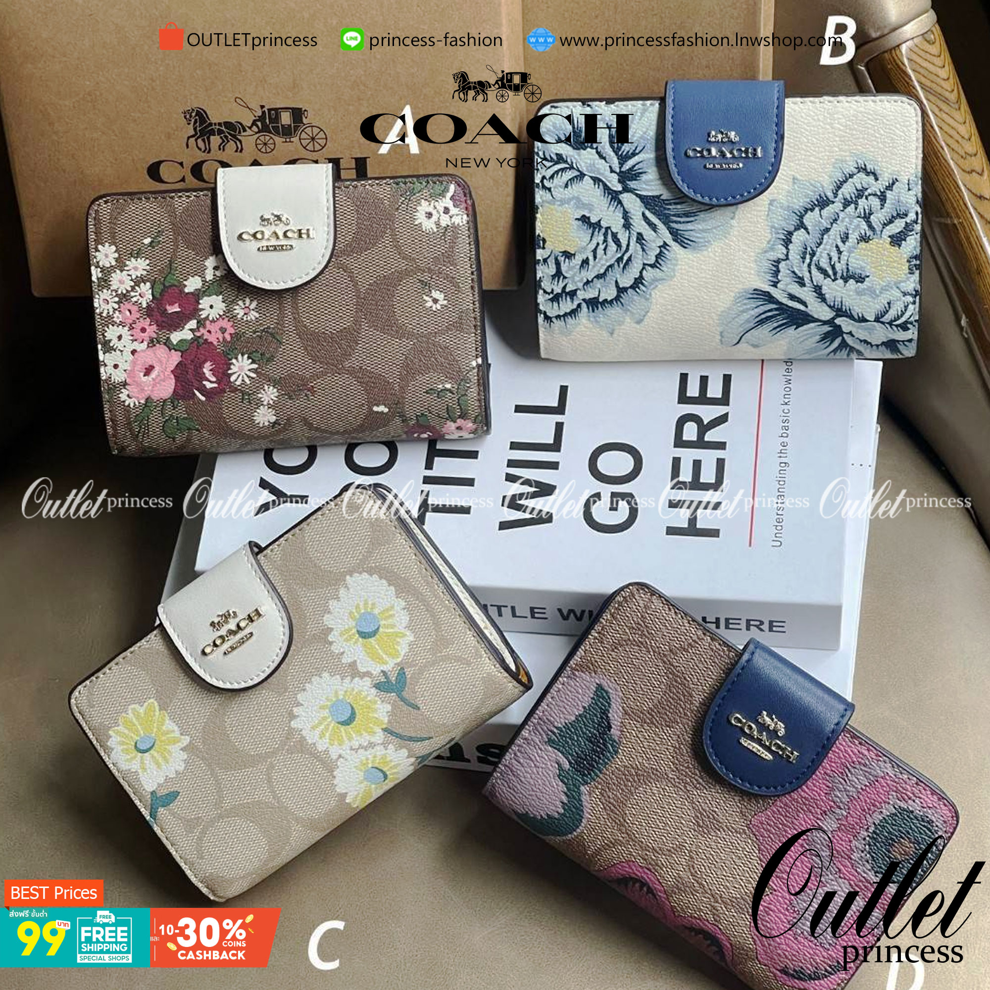 COACH C3375 MEDIUM CORNER ZIP WALLET IN SIGNATURE CANVAS WITH DAISY PRINT ดีไซน์ใหม่ล่าสุด!! คอลเลคชั่นลายพริ้นท์ เพิ่มลูกเล่นให้กระเป๋าสตางค์ของคุณ กับกระเป๋าสตางค์ใบกลาง ขนาดกำลังเหมาะมือ วัสดุหนังแคนวาส ดูแลรักษาง่าย มีช่องใส่บัตรและธนบัตรครบ และช่องซิ