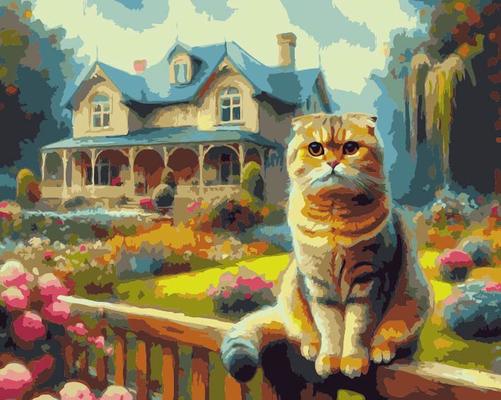 RCG007 ภาพระบายสีตามตัวเลข "แมวน้อยบนรั้วบ้าน"