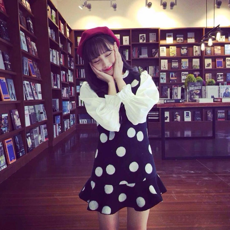 พร้อมส่ง 🍯 Polka dot dress เดรสทูโทนแขนยาวผ้าลายจุดน่ารัก (IN33068)